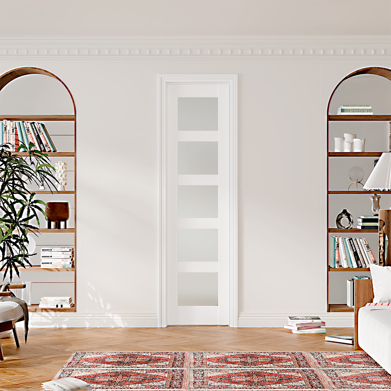 TENONER White MDF 5-Lite Frosted Glass Solid Wood Interior Prehung Door for Wardrobe, Bedroom, Pantry – Space-Saving, Easy to Install, Stylish and Privacy Enhancing