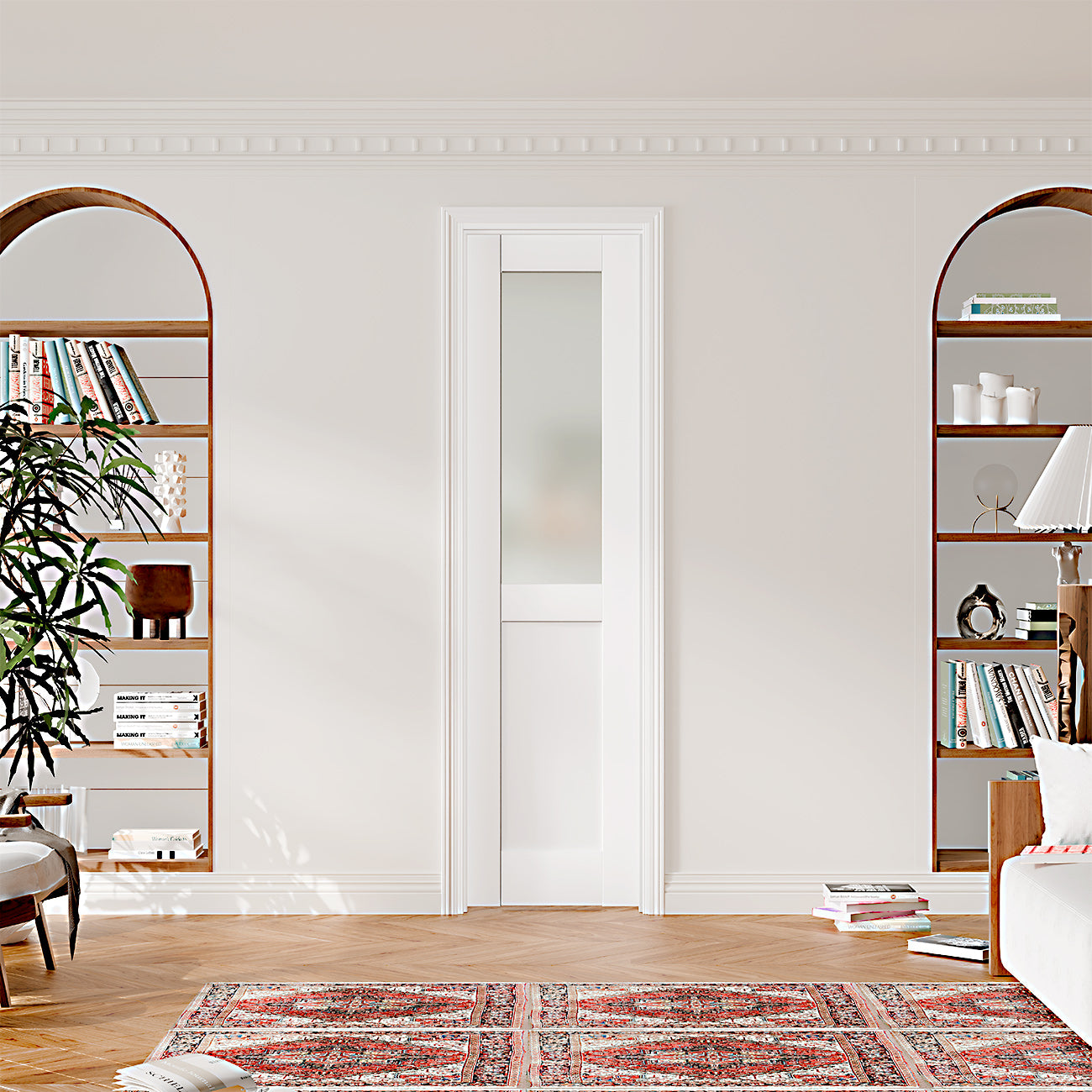 TENONER White MDF 1/2 Lite Frosted Glass Interior Prehung Door for Wardrobe, Bedroom, Pantry – Easy to Install, Stylish and Privacy Enhancing, with Door Jamb and Hareware Kit