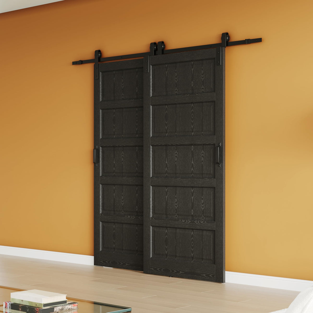 TENONER Black 5-Panel Waterproof Covering MDF Sliding Bypass Barn Door