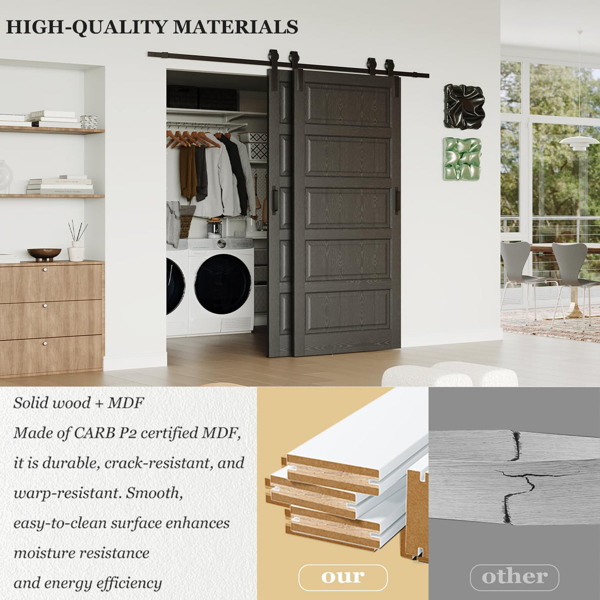 TENONER Black 5-Panel Waterproof Covering MDF Sliding Bypass Barn Door