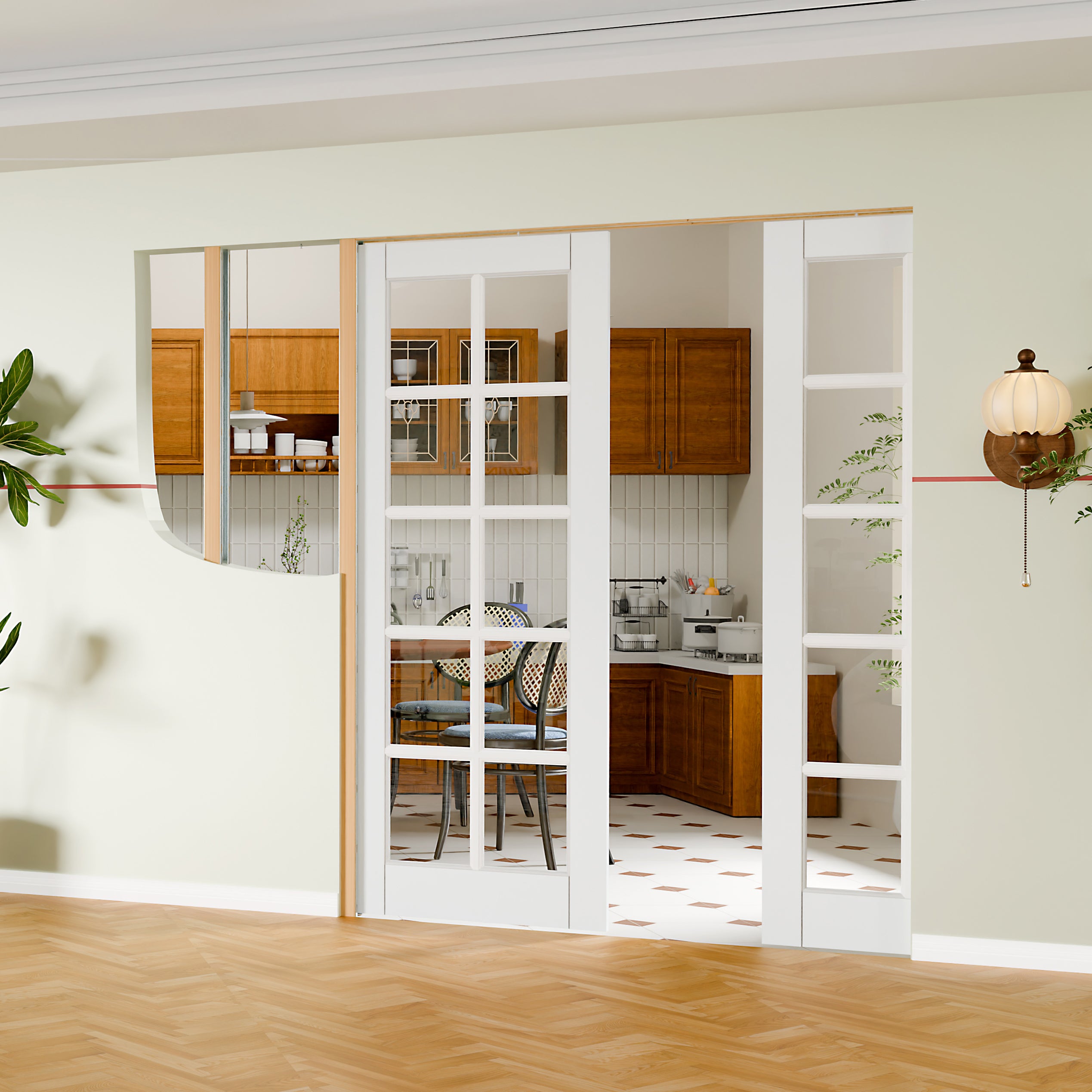 TENONER White MDF 10-Lite Single/Double Sliding Pocket Door for Bedroom, Closet, and Hallway - Space-Saving, Easy to Assemble with Frame and Hardware Kit