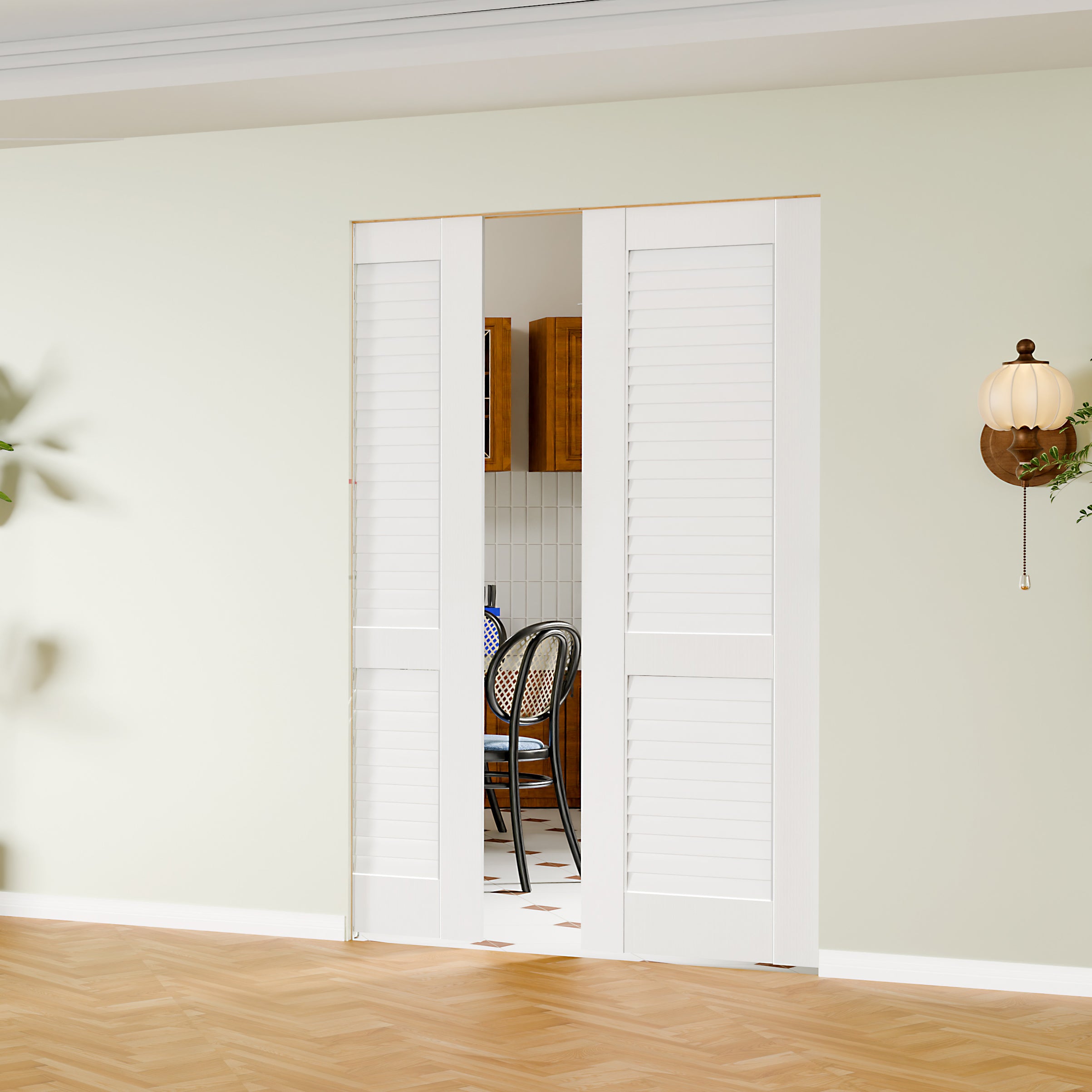 TENONER White MDF Louvered Single/Double Sliding Pocket Door for Bedroom, Closet, and Hallway - Space-Saving, Easy to Assemble with Frame and Hardware Kit