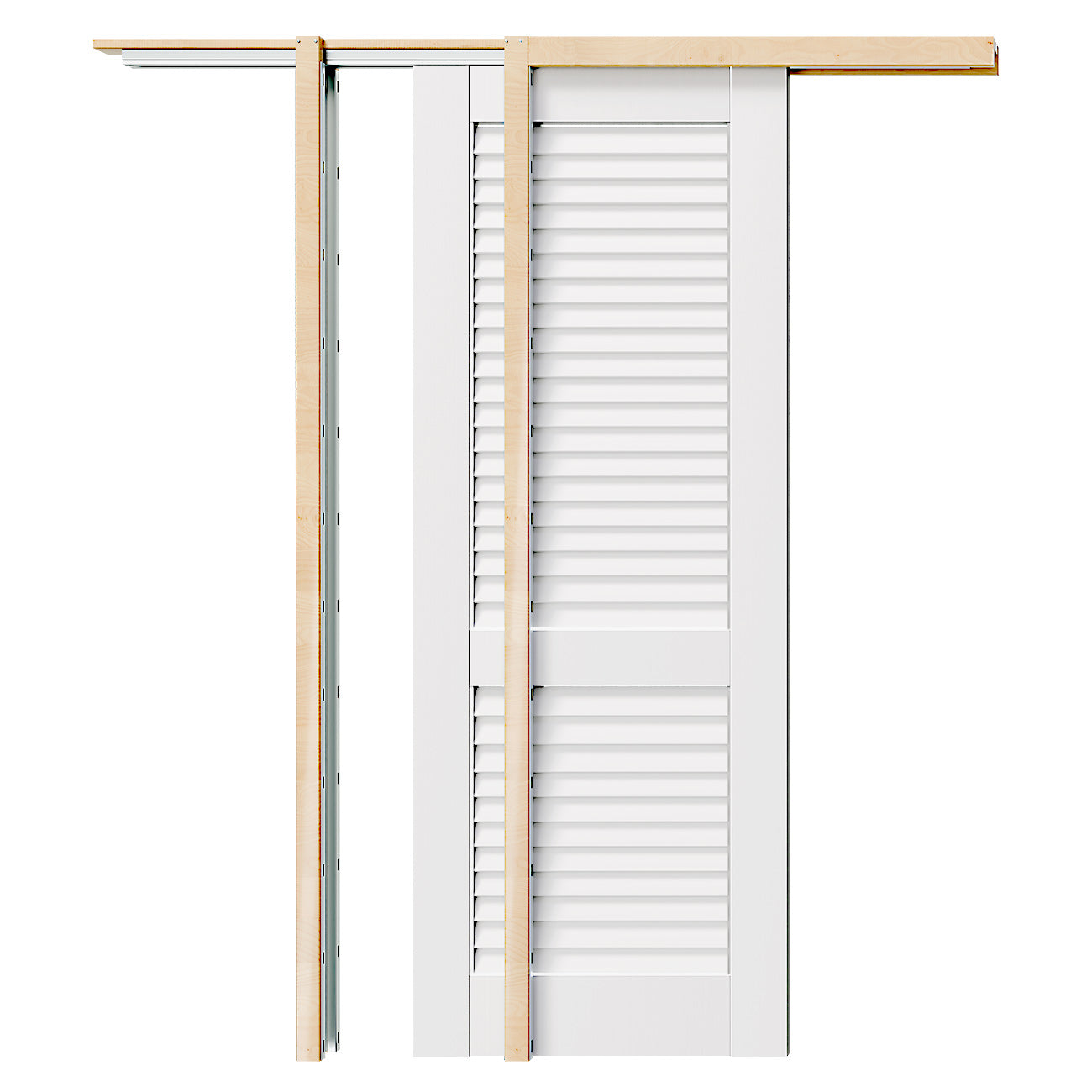 TENONER White MDF Louvered Single/Double Sliding Pocket Door for Bedroom, Closet, and Hallway - Space-Saving, Easy to Assemble with Frame and Hardware Kit