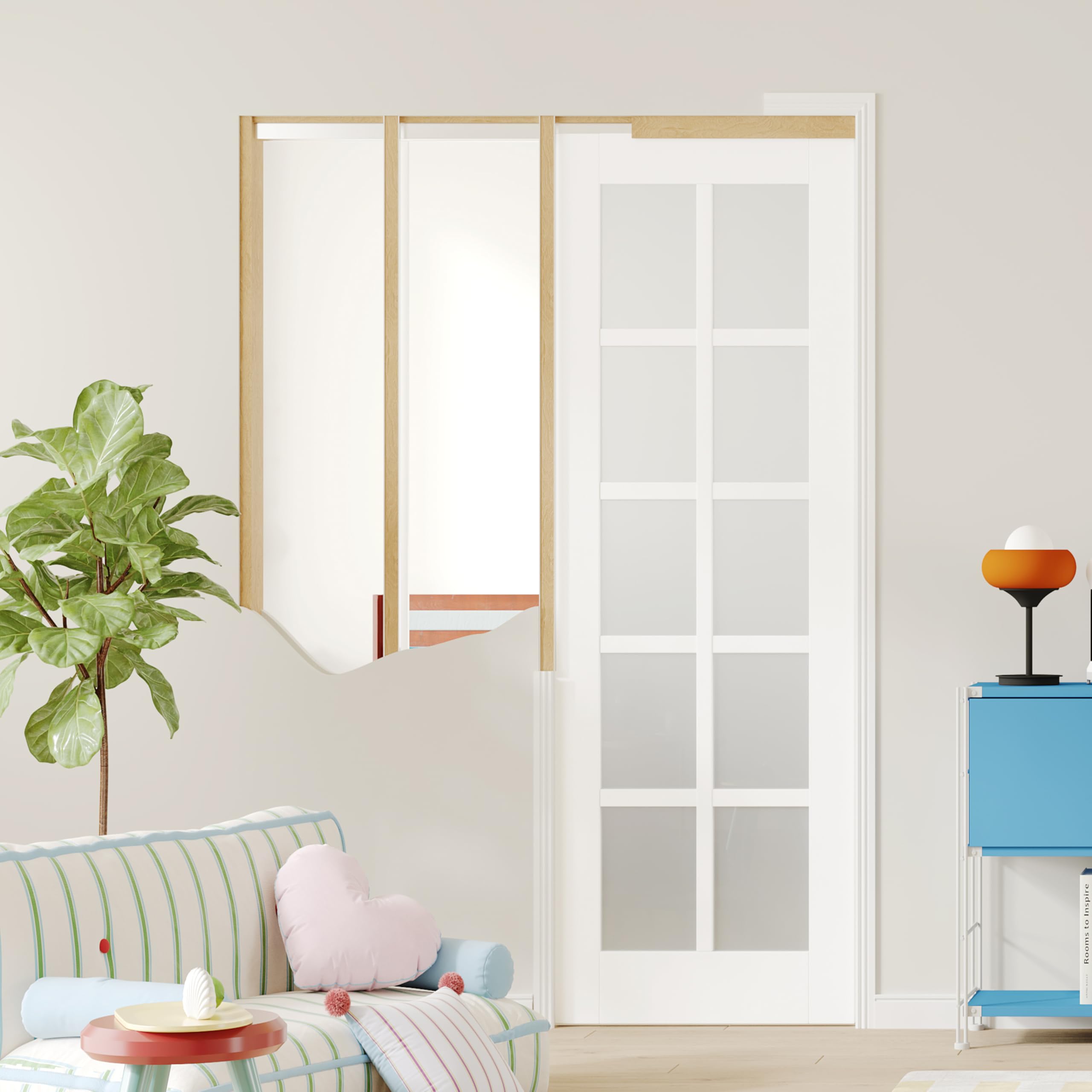 TENOMER White Primed MDF 10-Lite Frosted Glass Sliding Pocket Door with Hardware Kit