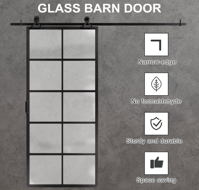 TENONER Black MDF 10-Lite Frosted Glass and Metal Sliding Barn Doors for Living Rooms, Bedrooms, Kitchen – Easy Installation, DIY with Barn Door Hardware Kits