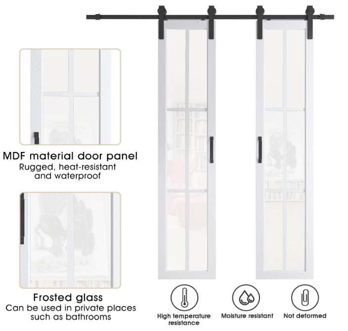 TENONER White MDF 6-Lite Frosted Glass Sliding Barn Doors for Living Rooms, Bedrooms, Kitchen – Easy Installation, Privacy Protection with Barn Door Hardware Kits