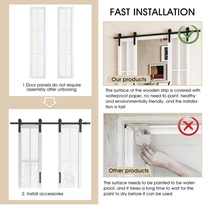 TENONER White MDF 6-Lite Frosted Glass Sliding Barn Doors for Living Rooms, Bedrooms, Kitchen – Easy Installation, Privacy Protection with Barn Door Hardware Kits