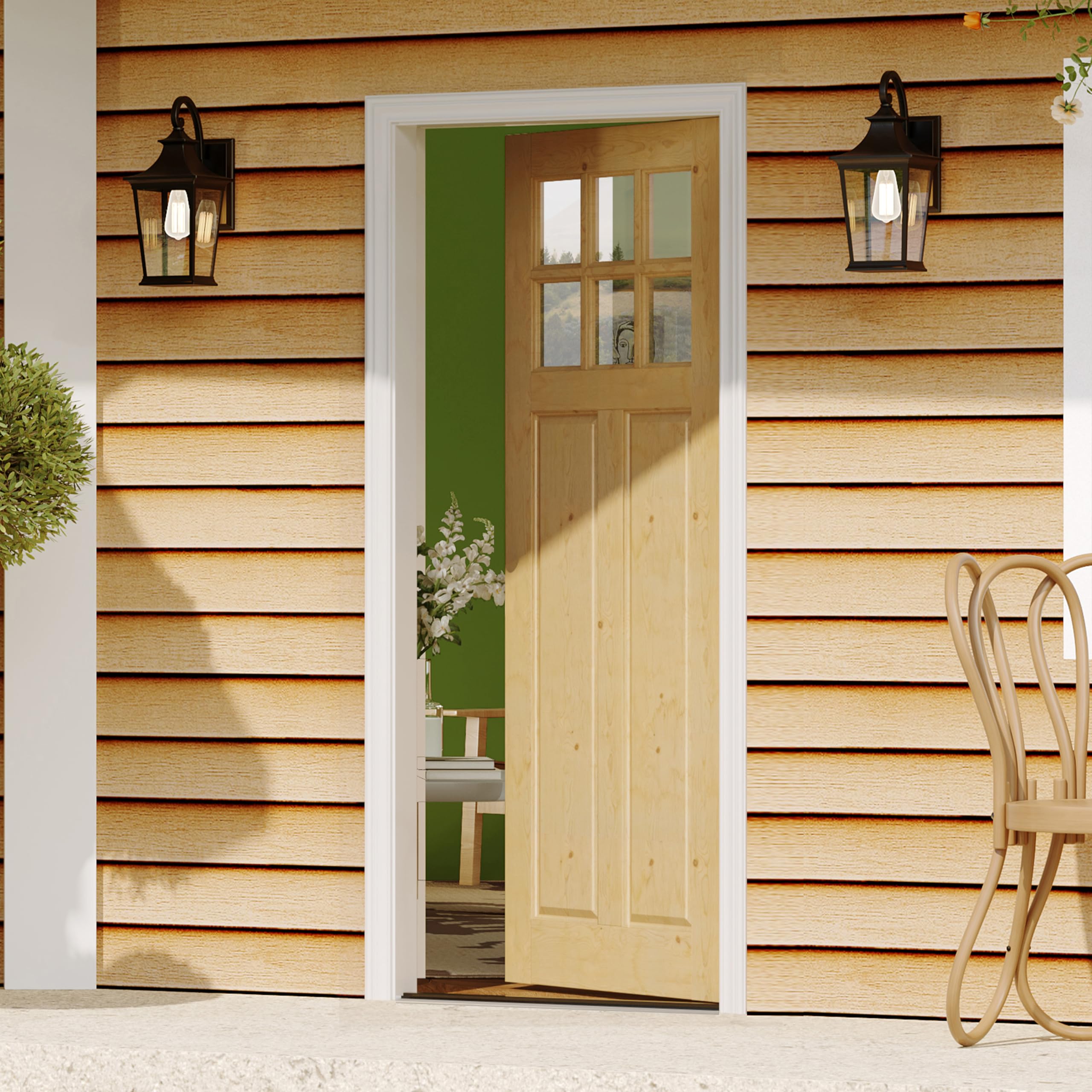 TENONER 6-Panel Clear Glass Solid Wood & MDF Waterproof Primed Exterior Doors