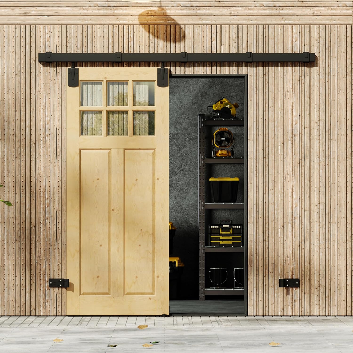 TENONER 6-Panel Clear Glass Solid Wood & MDF Waterproof Primed Exterior Sliding Barn Door