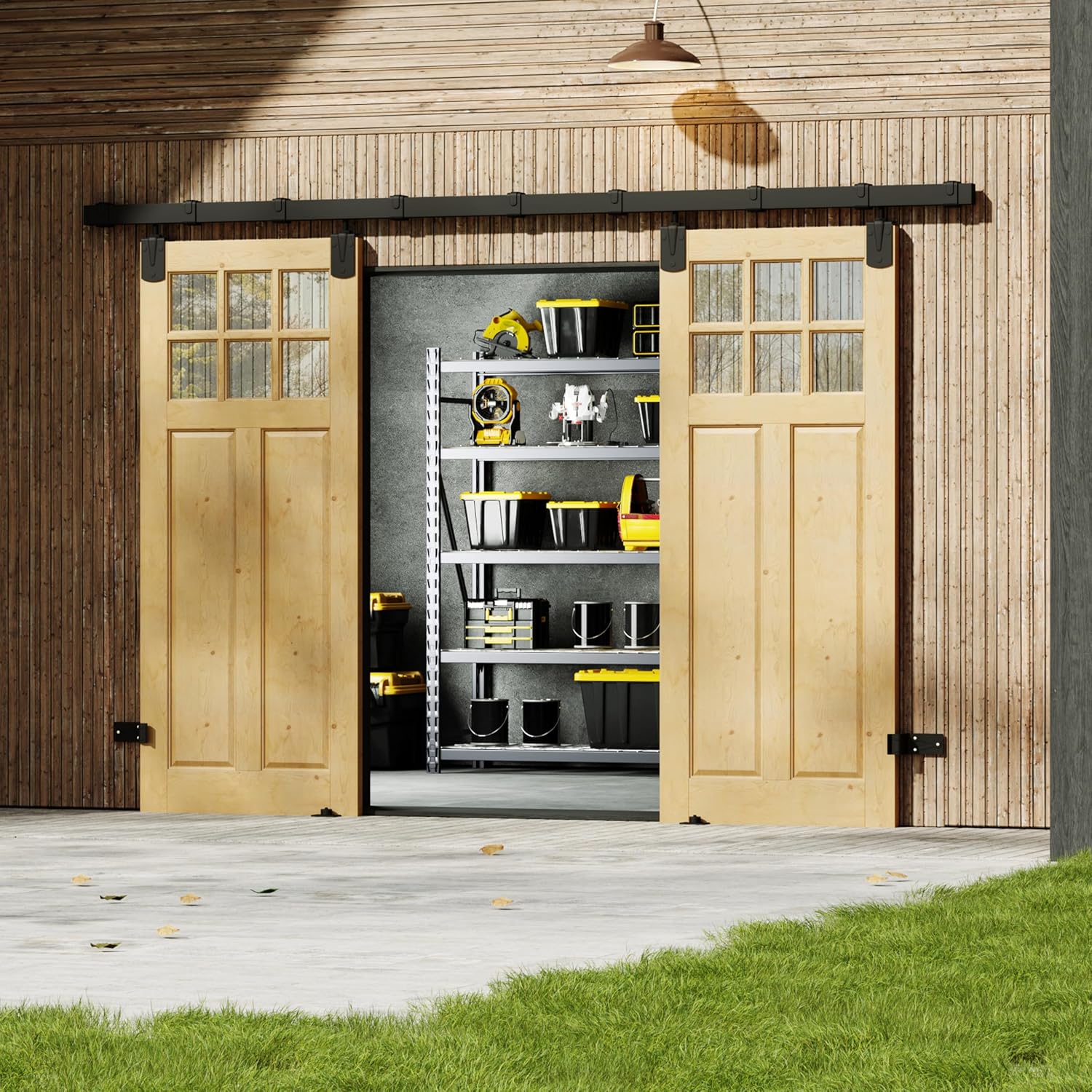 TENONER 6-Panel Clear Glass Solid Wood & MDF Waterproof Primed Exterior Sliding Barn Door