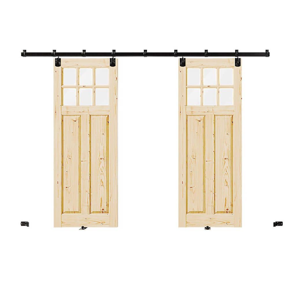 TENONER 6-Panel Clear Glass Solid Wood & MDF Waterproof Primed Exterior Sliding Barn Door