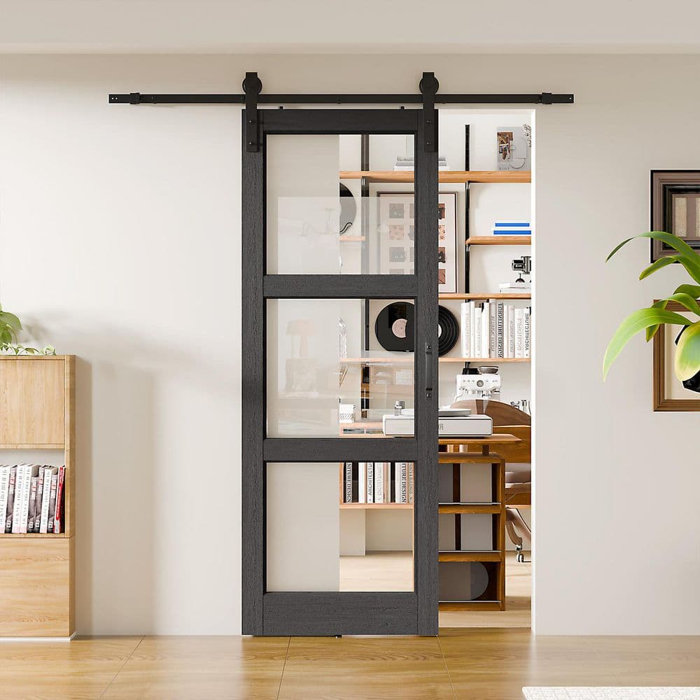 TENONER Black 5-Lite Clear Tempered Glass Sliding Barn Door with Accessories