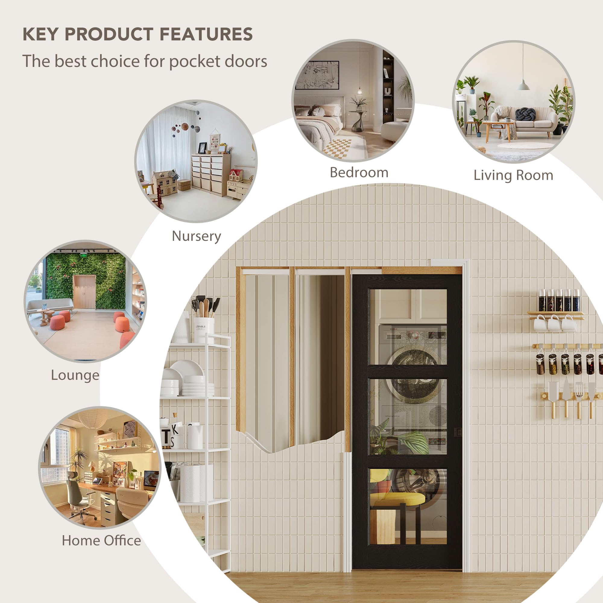 TENONER Black 3-Lite Clear Tempered Glass Sliding Pocket Door with Hardware Kit & Soft Close