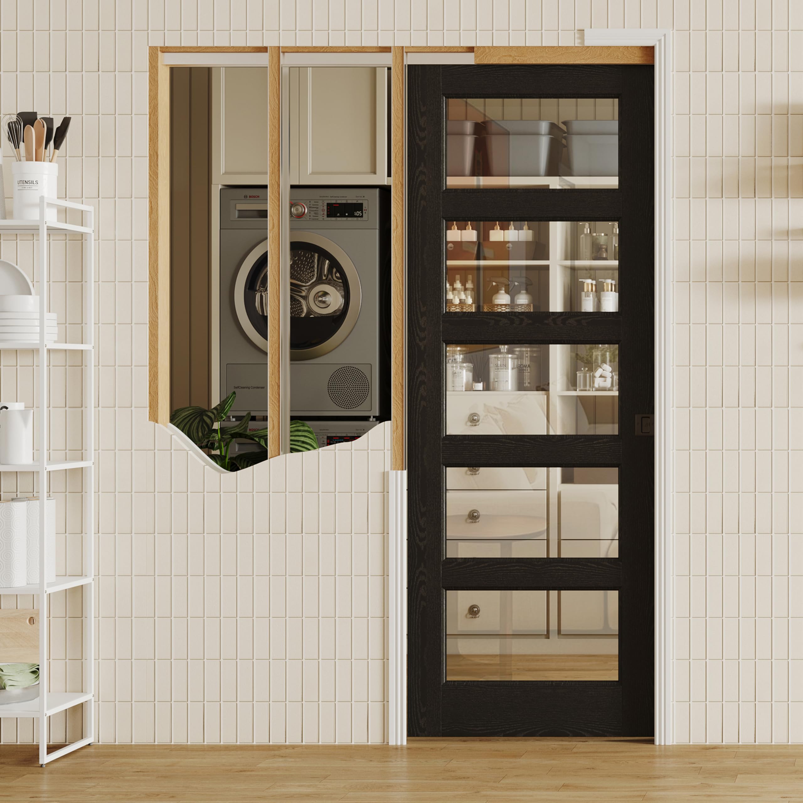 TENONER Black 5-Lite Clear Tempered Glass Pocket Door with Accessories