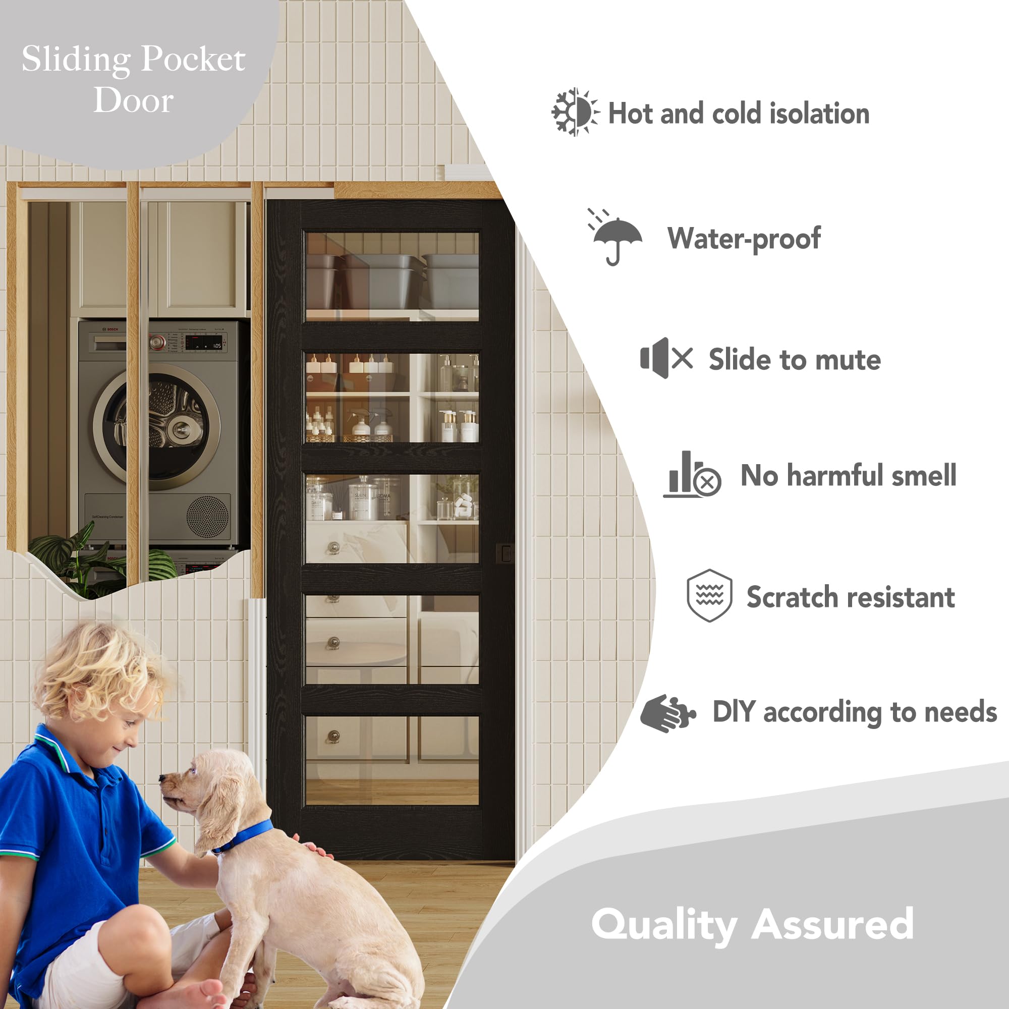 TENONER Black 5-Lite Clear Tempered Glass Pocket Door with Accessories
