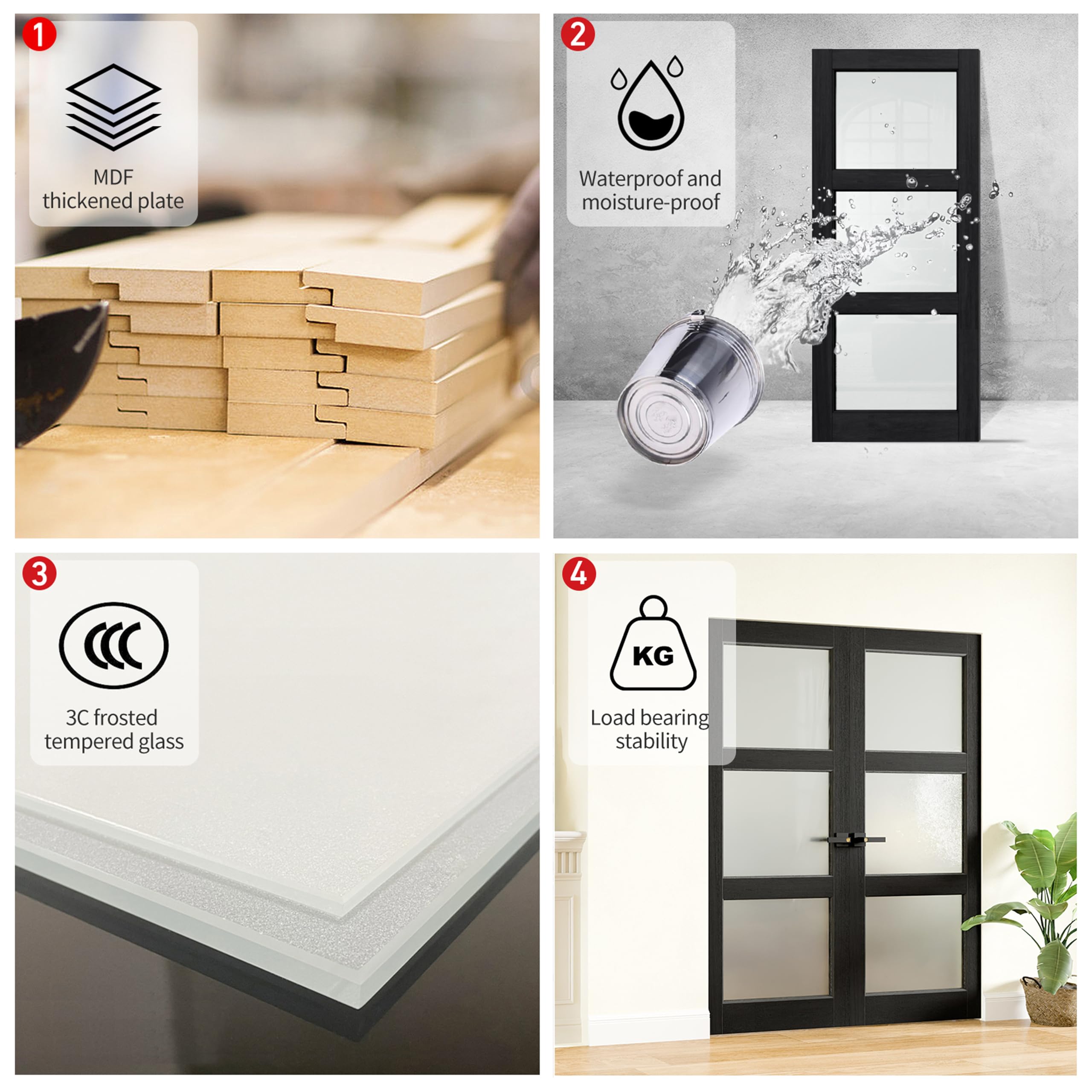 TENONER Black MDF 3-Lite Frosted Glass Interior Door Slab for Living Room, Bedroom, Hallway