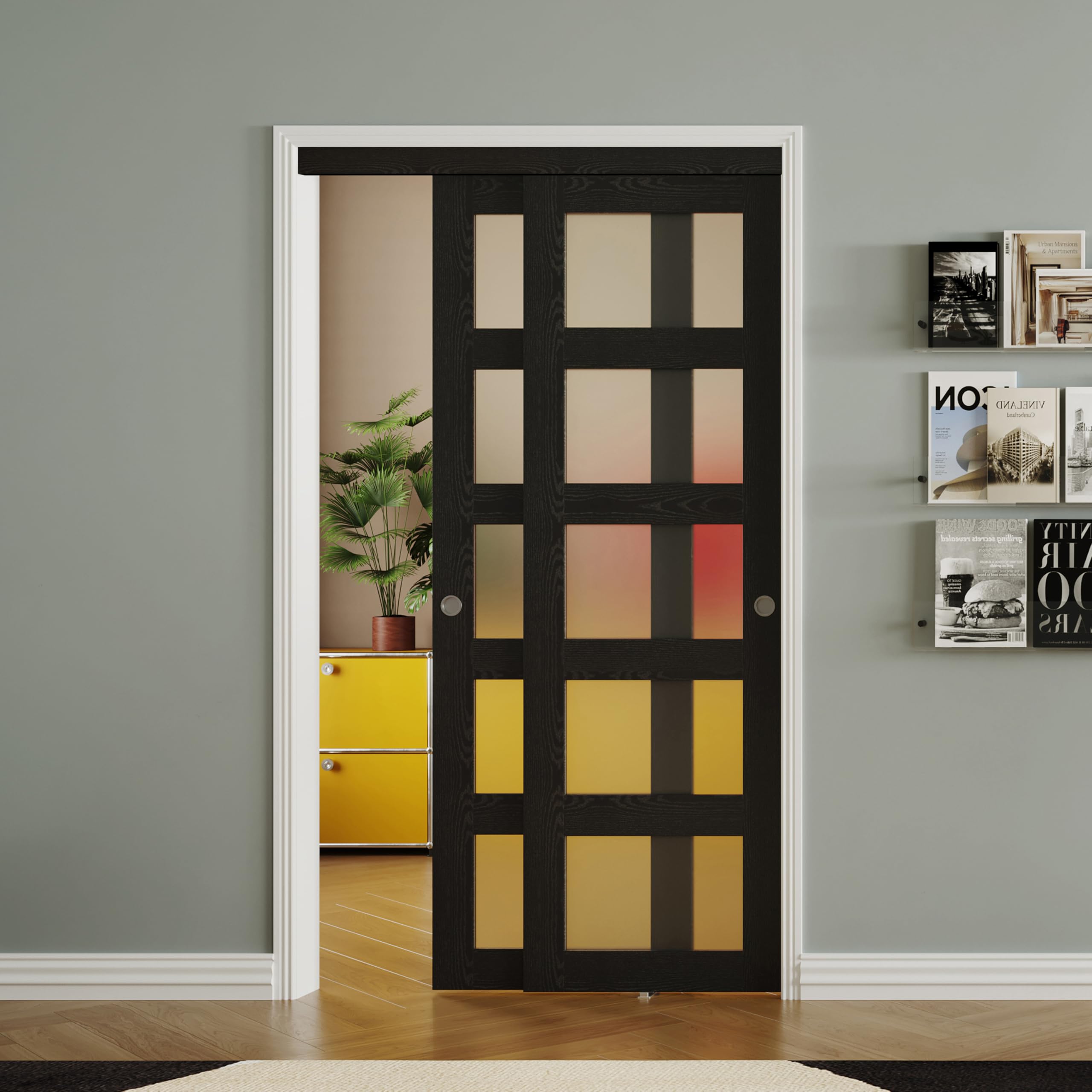 TENONER Black MDF 5-Lite Frosted Glass Closet Doors with Hardware Kit