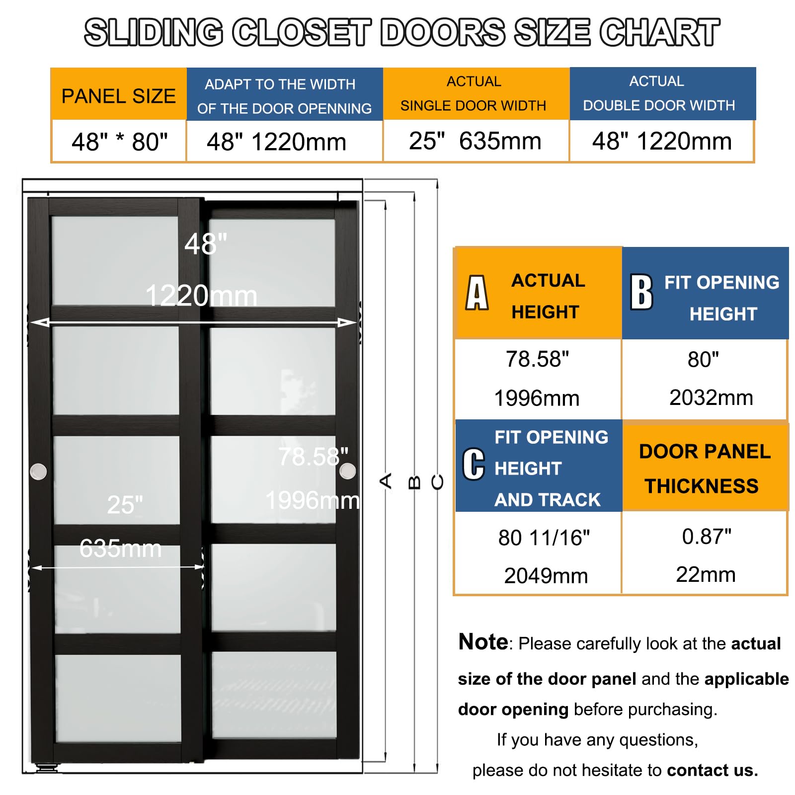 TENONER Black MDF 5-Lite Frosted Glass Closet Doors with Hardware Kit
