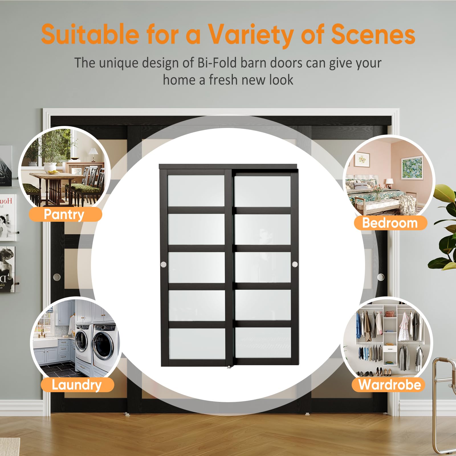 TENONER Black MDF 5-Lite Frosted Glass Closet Doors with Hardware Kit