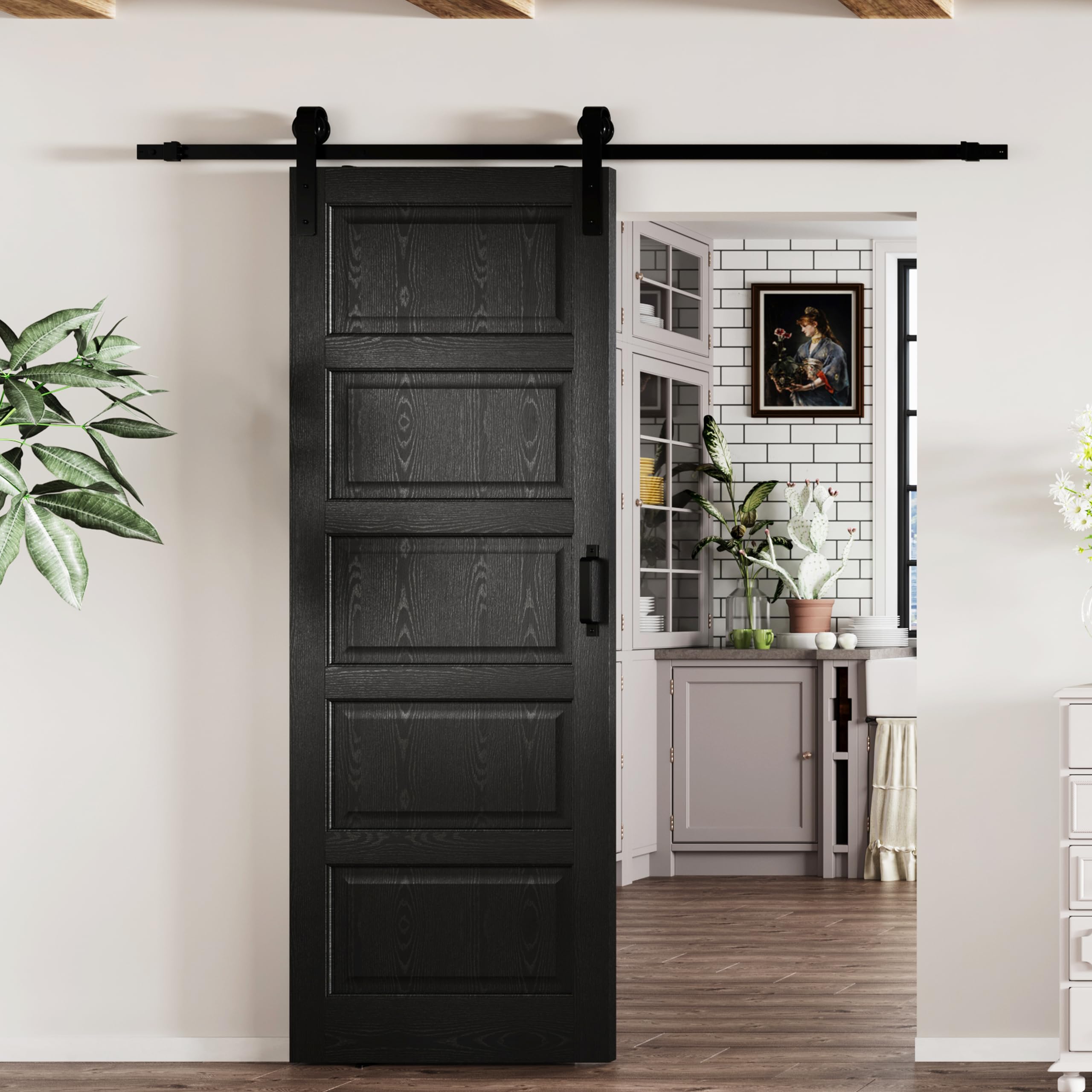 TENONER Black MDF Modern 5-Panel Waterproof PVC Surface Sliding Barn Door