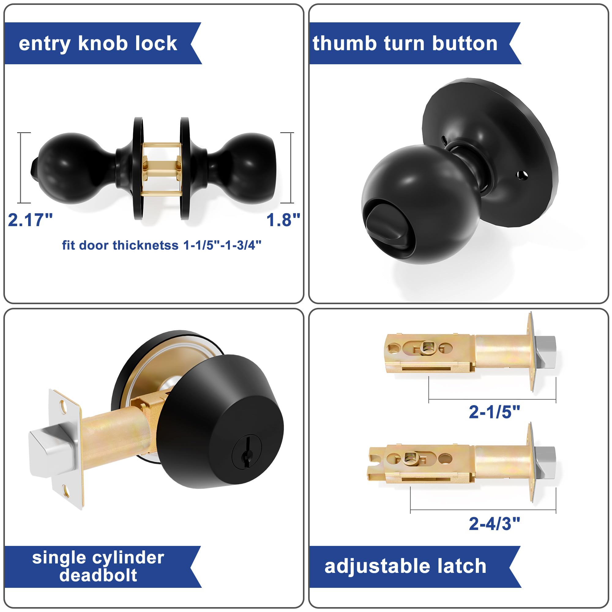 TENONER Black Round Handle with Lock for Outdoor Doors