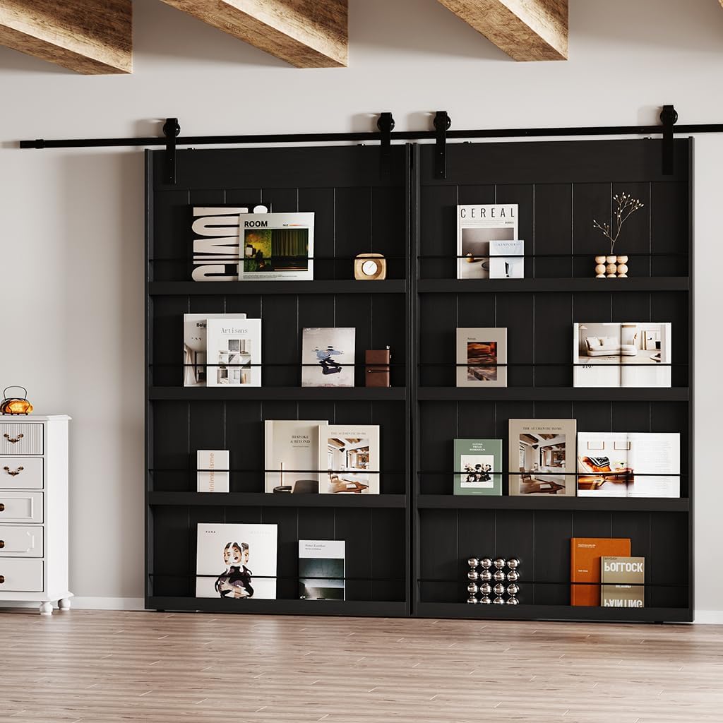 TENONER Black Solid Core MDF Bookshelf Sliding Barn Door for Living Rooms, Bedrooms, Closet