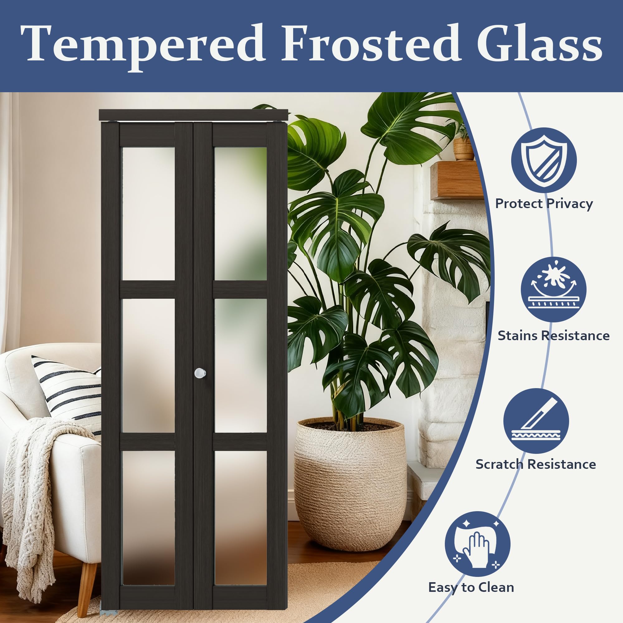 TENONER Dark Brown MDF 3-lite Tempered Frosted Glass Bifold Door with Hardware Kit