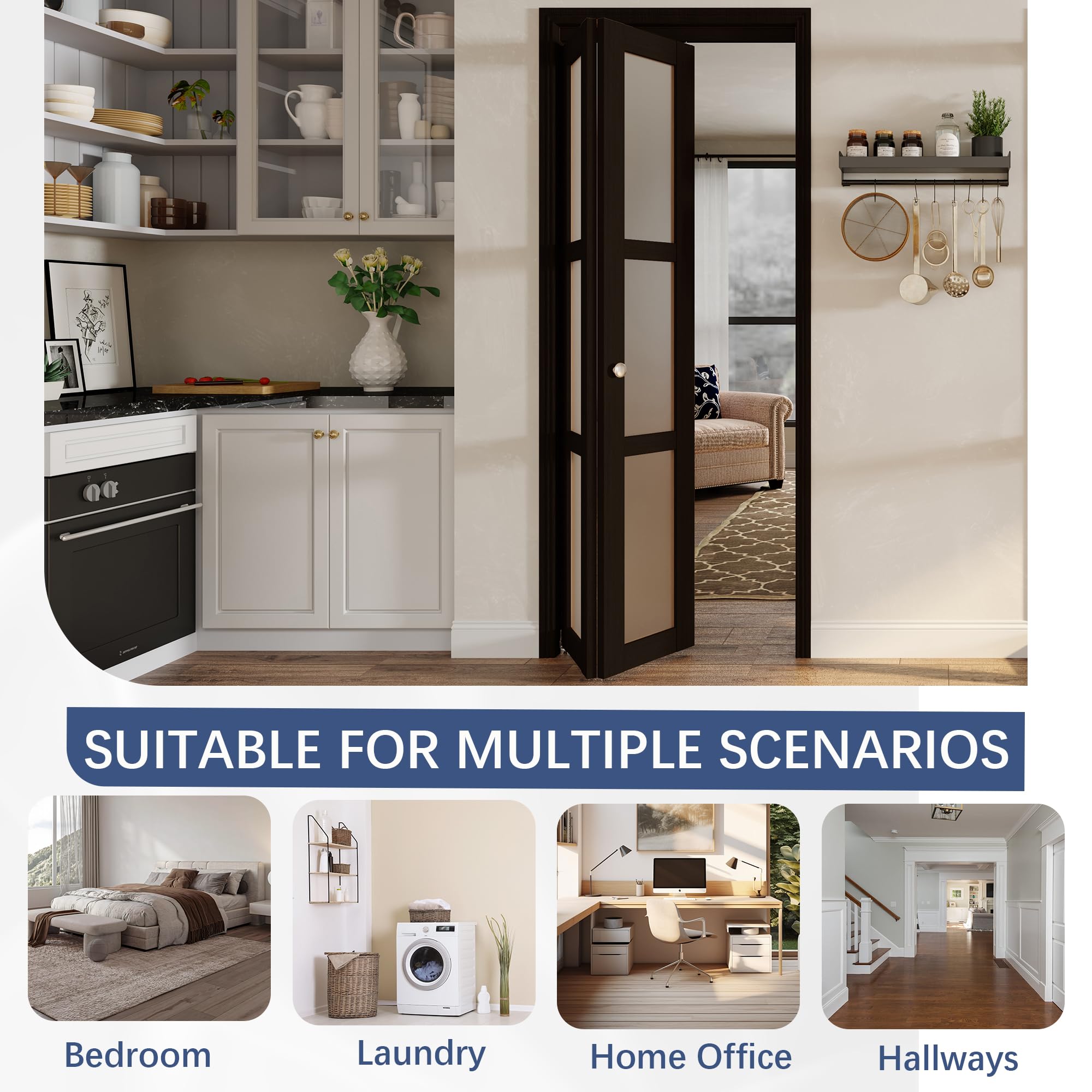 TENONER Dark Brown MDF 3-lite Tempered Frosted Glass Bifold Door with Hardware Kit