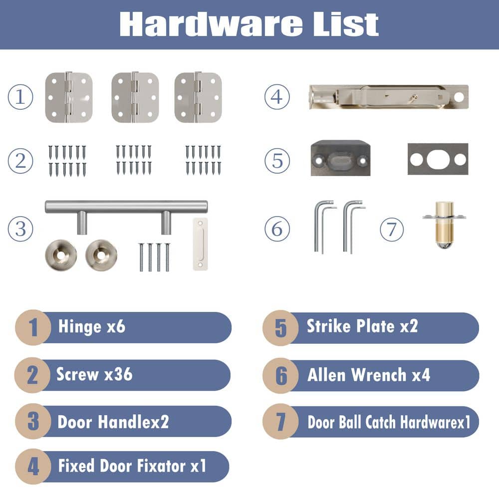 TENONER Inactive Door Hardware Kit with Flush Bolts, Handle and Installation Accessories for Double Doors