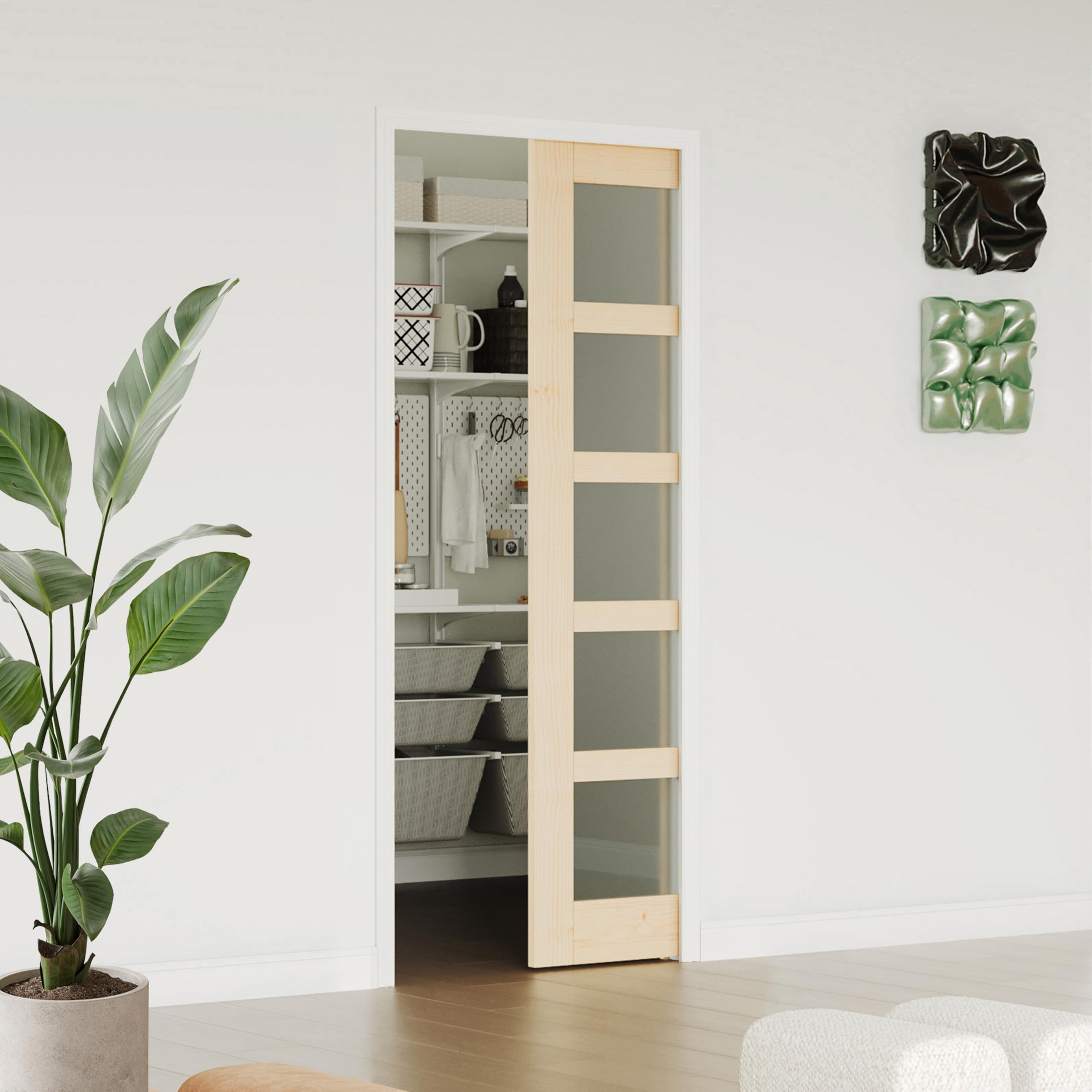 TENONER Pine 5-Lite Frosted Glass Pocket Door for Bedroom, Bathroom, Closet