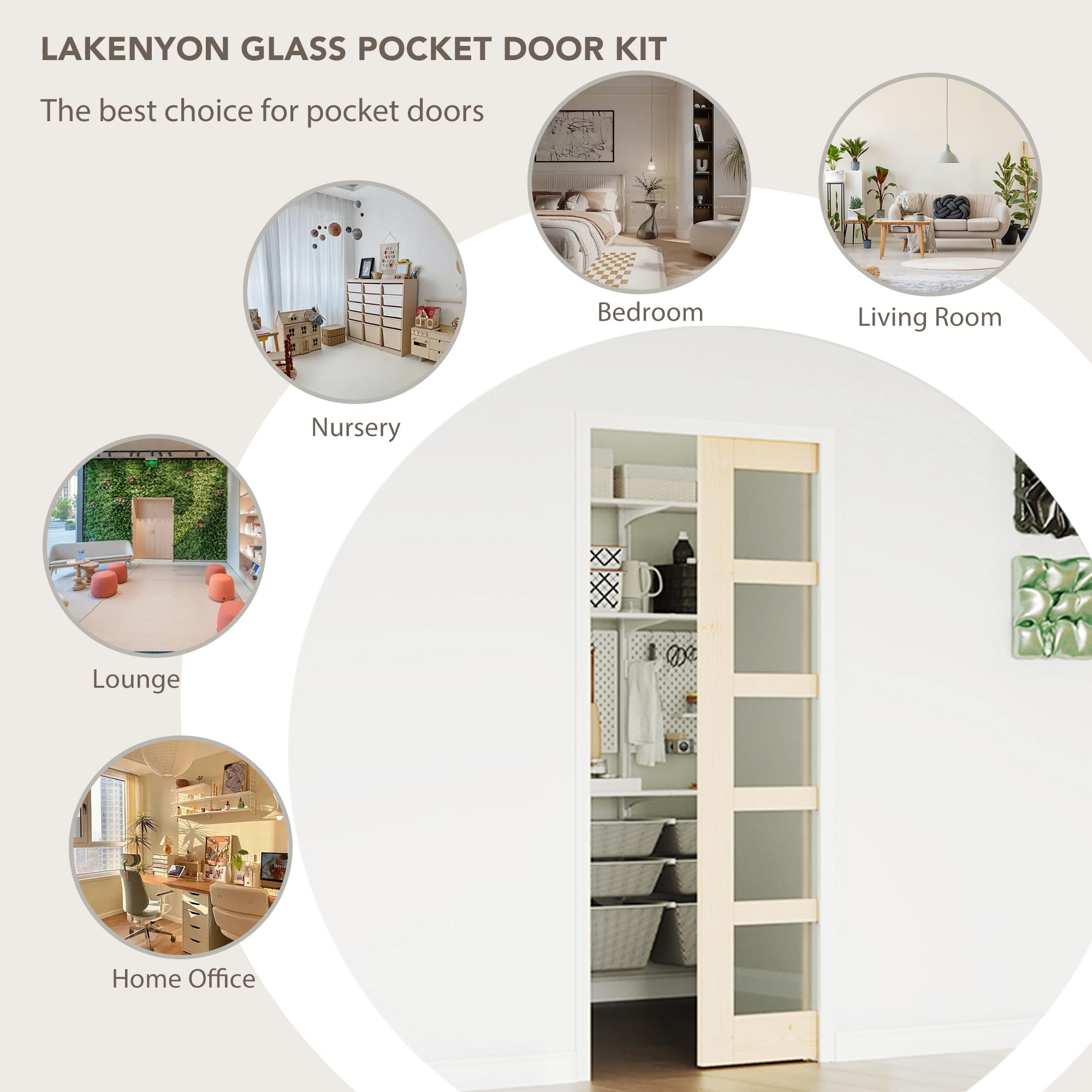 TENONER Pine 5-Lite Frosted Glass Pocket Door for Bedroom, Bathroom, Closet