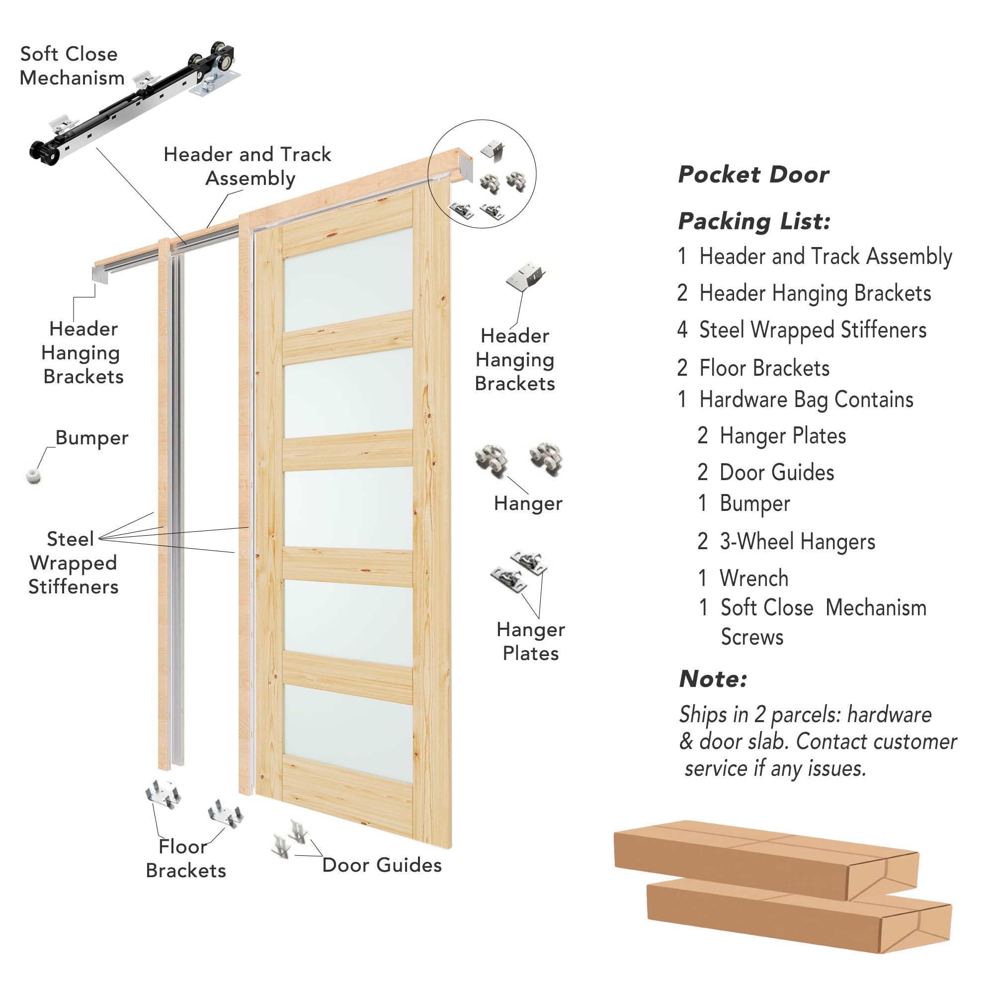 TENONER Pine 5-Lite Frosted Glass Pocket Door for Bedroom, Bathroom, Closet