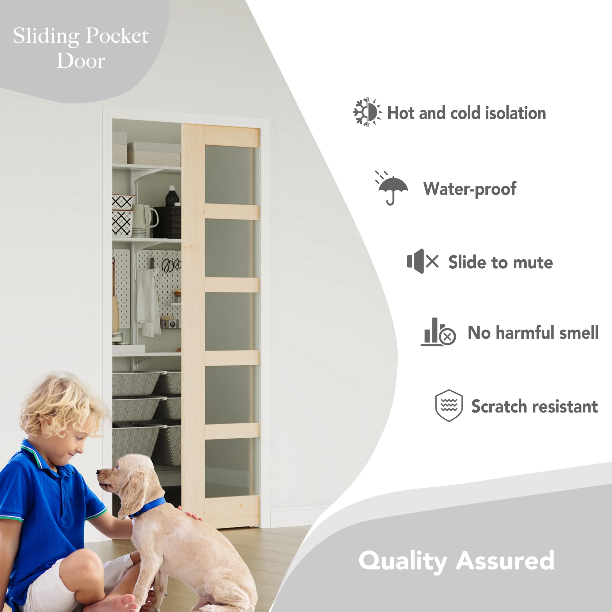 TENONER Pine 5-Lite Frosted Glass Pocket Door for Bedroom, Bathroom, Closet
