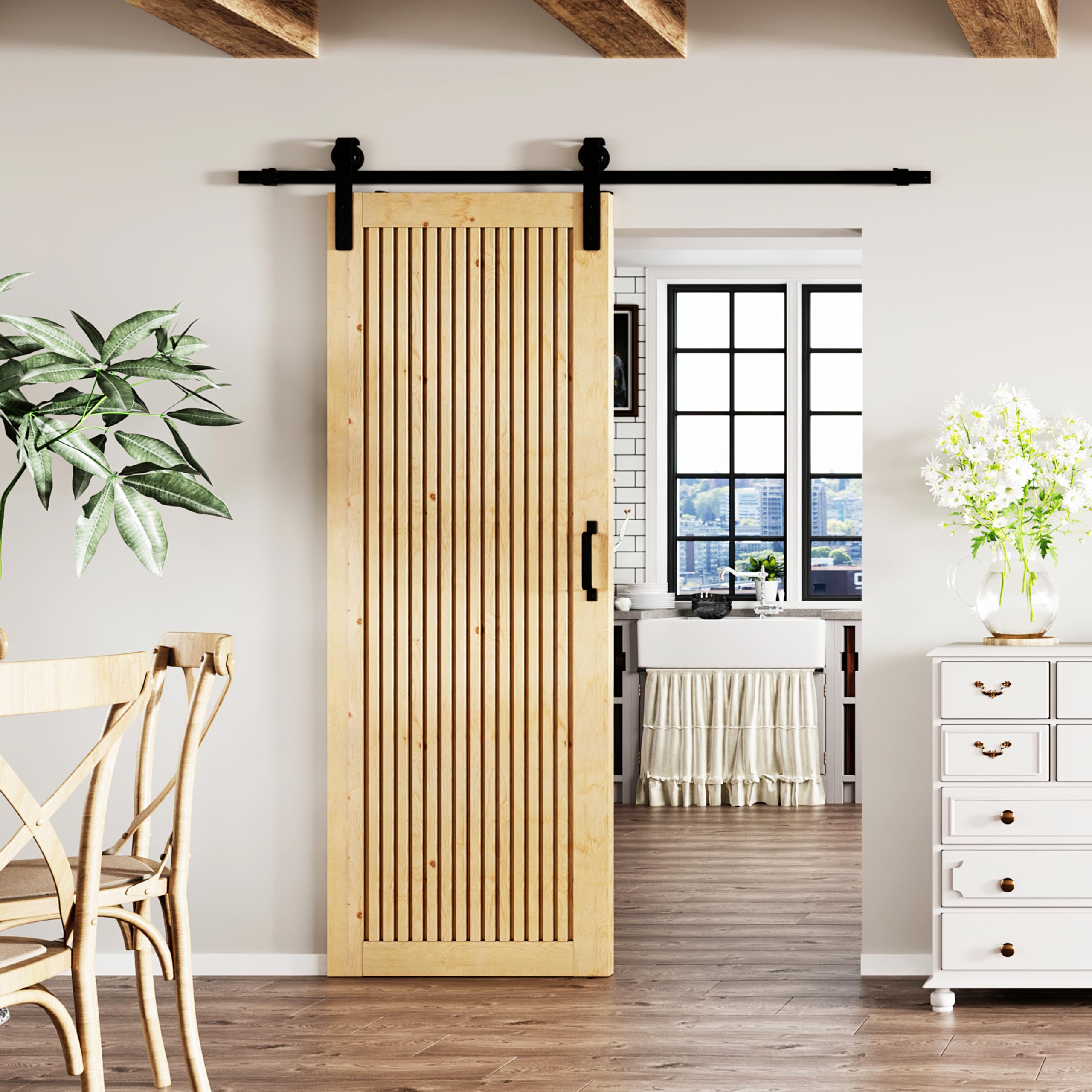 TENONER Pine Wood Vertical Stripes Solid Core Sliding Barn Door - Suitable for DIY (Unfinished)