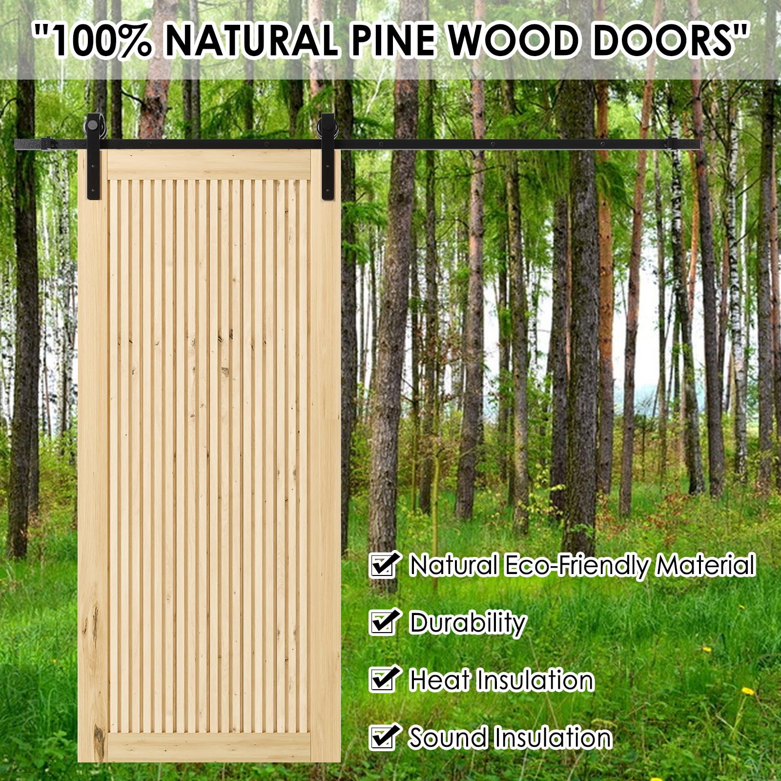 TENONER Pine Wood Vertical Stripes Solid Core Sliding Barn Door with Hardware - Suitable for DIY (Unfinished)