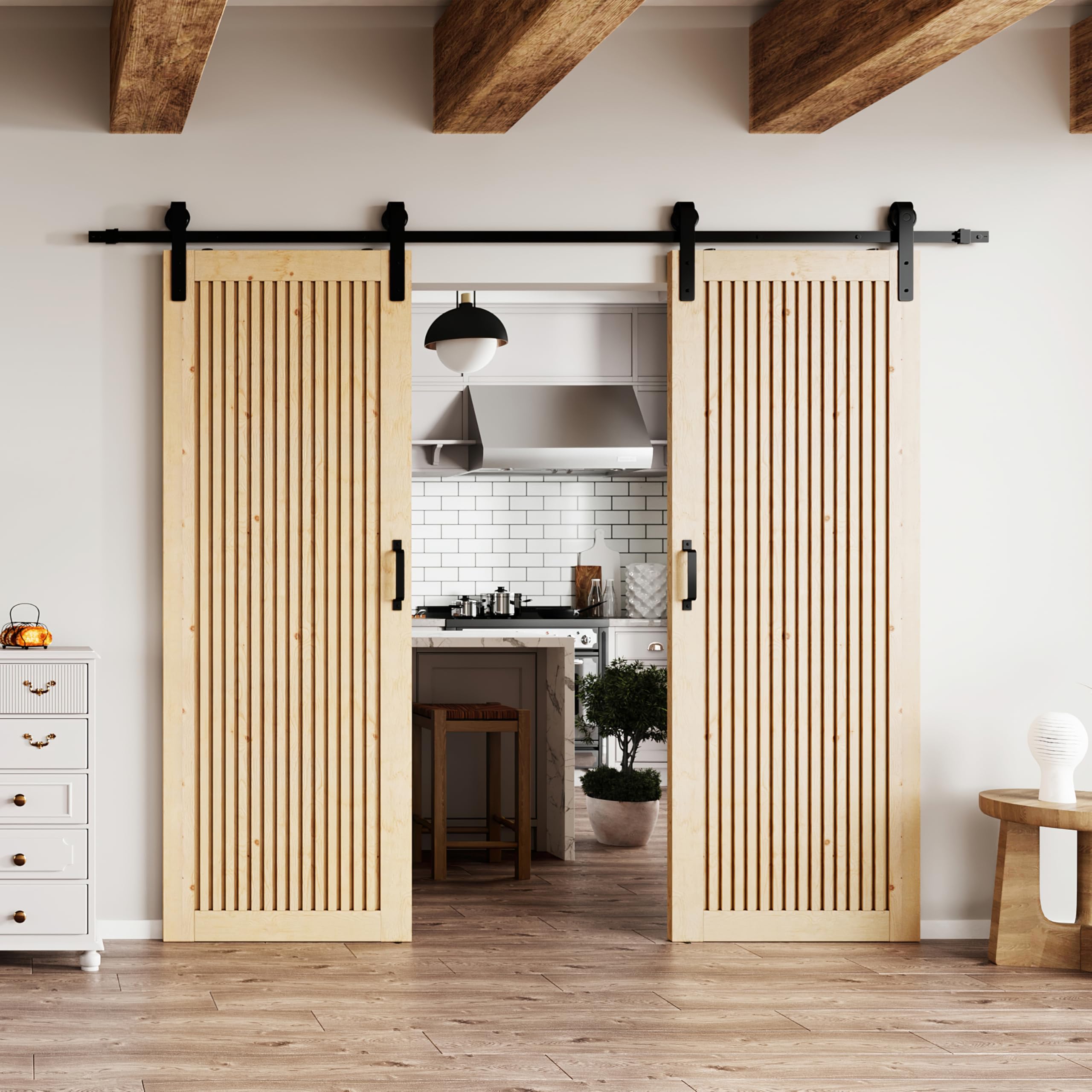 TENONER Pine Wood Vertical Stripes Solid Core Sliding Barn Door with Hardware - Suitable for DIY (Unfinished)