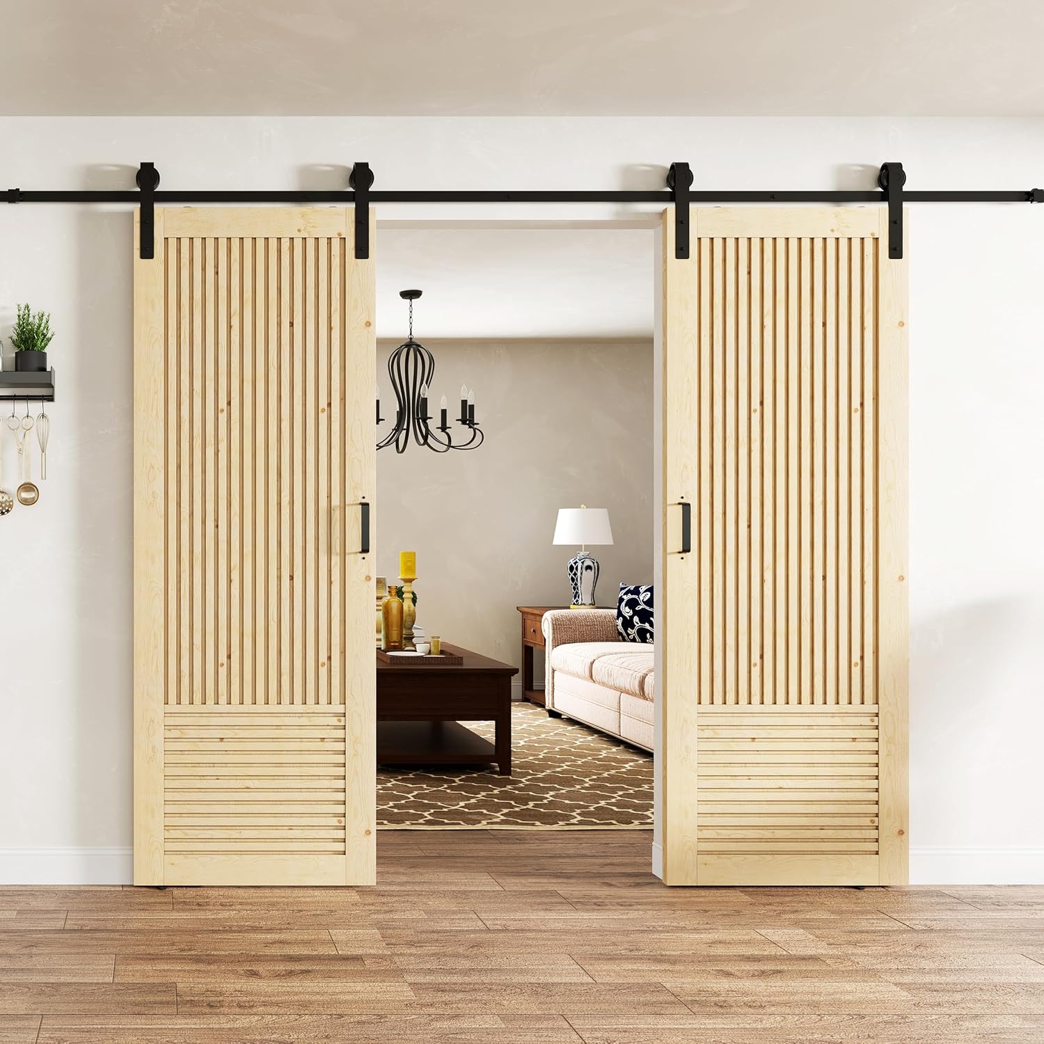 TENONER Pine Wood Vertical & Horizontal Stripes Solid Core Sliding Barn Door with Hardware - Suitable for DIY (Unfinished)