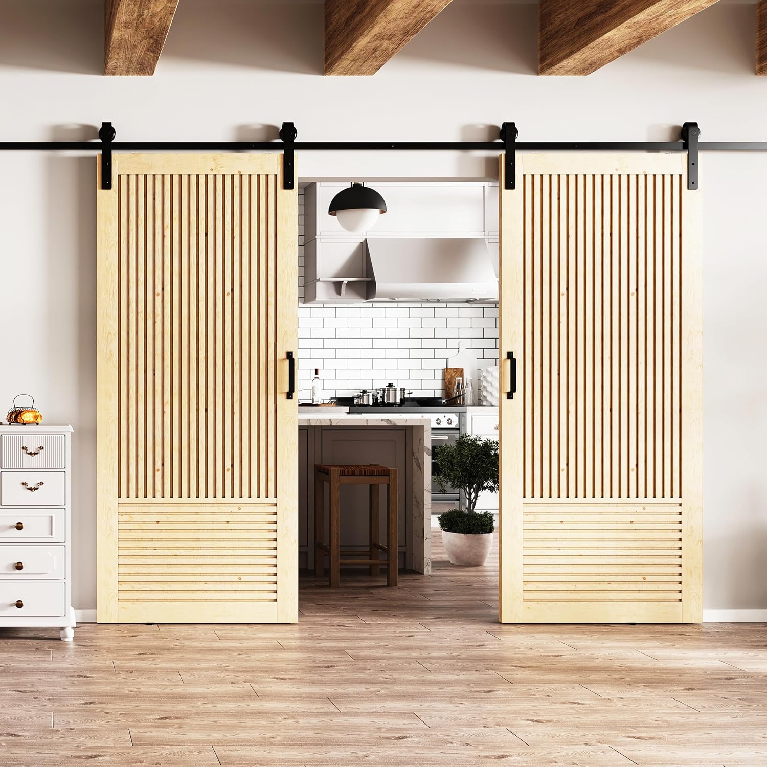 TENONER Pine Wood Vertical & Horizontal Stripes Solid Core Sliding Barn Door with Hardware - Suitable for DIY (Unfinished)