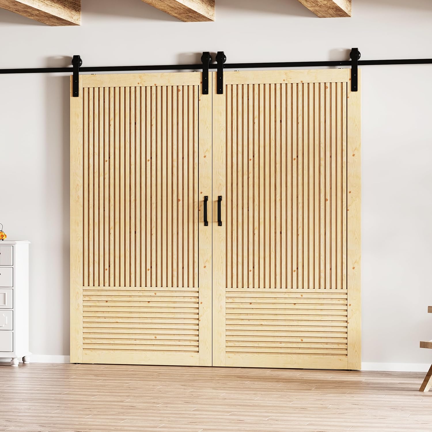 TENONER Pine Wood Vertical & Horizontal Stripes Solid Core Sliding Barn Door with Hardware - Suitable for DIY (Unfinished)
