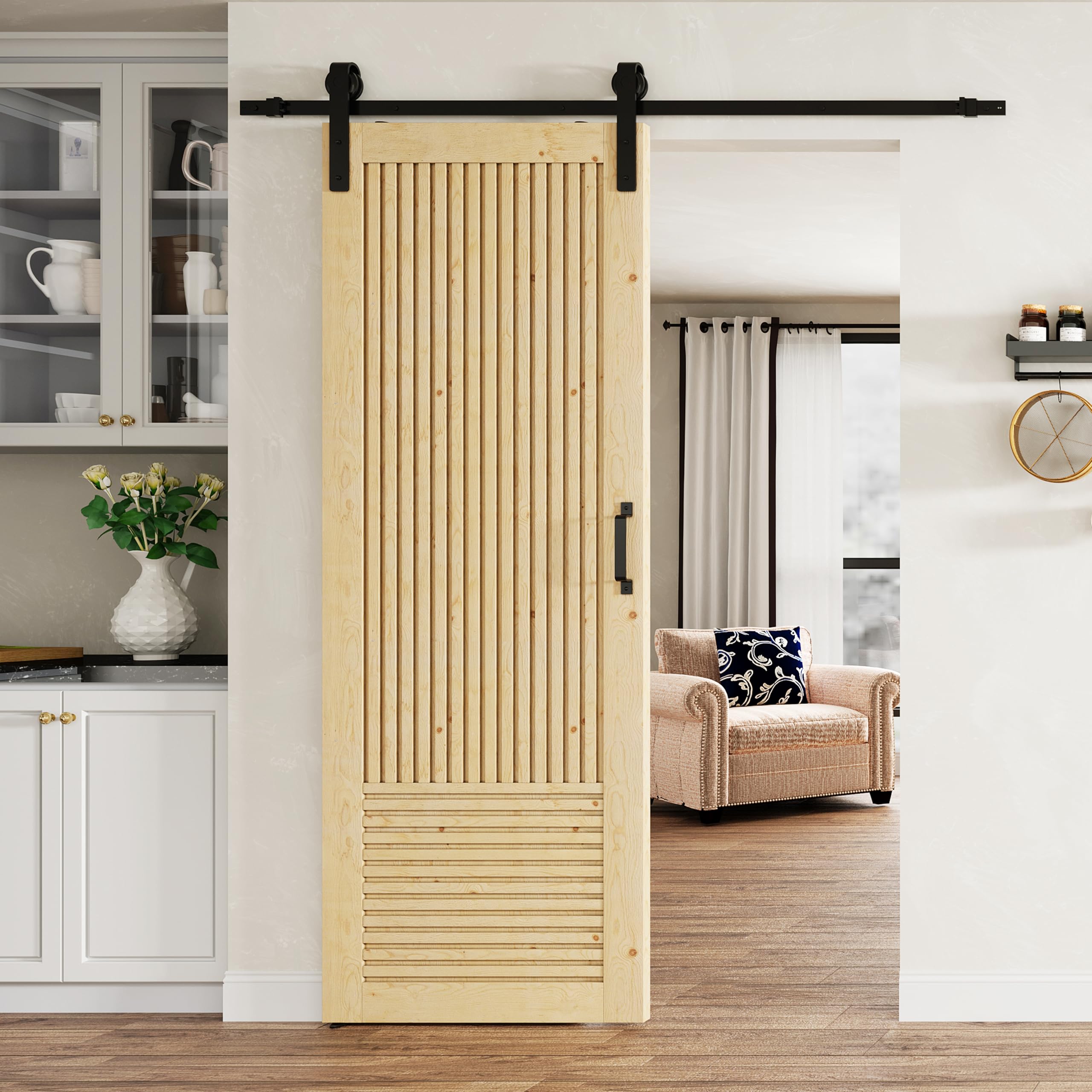 TENONER Pine Wood Vertical & Horizontal Stripes Solid Core Sliding Barn Door with Hardware - Suitable for DIY (Unfinished)