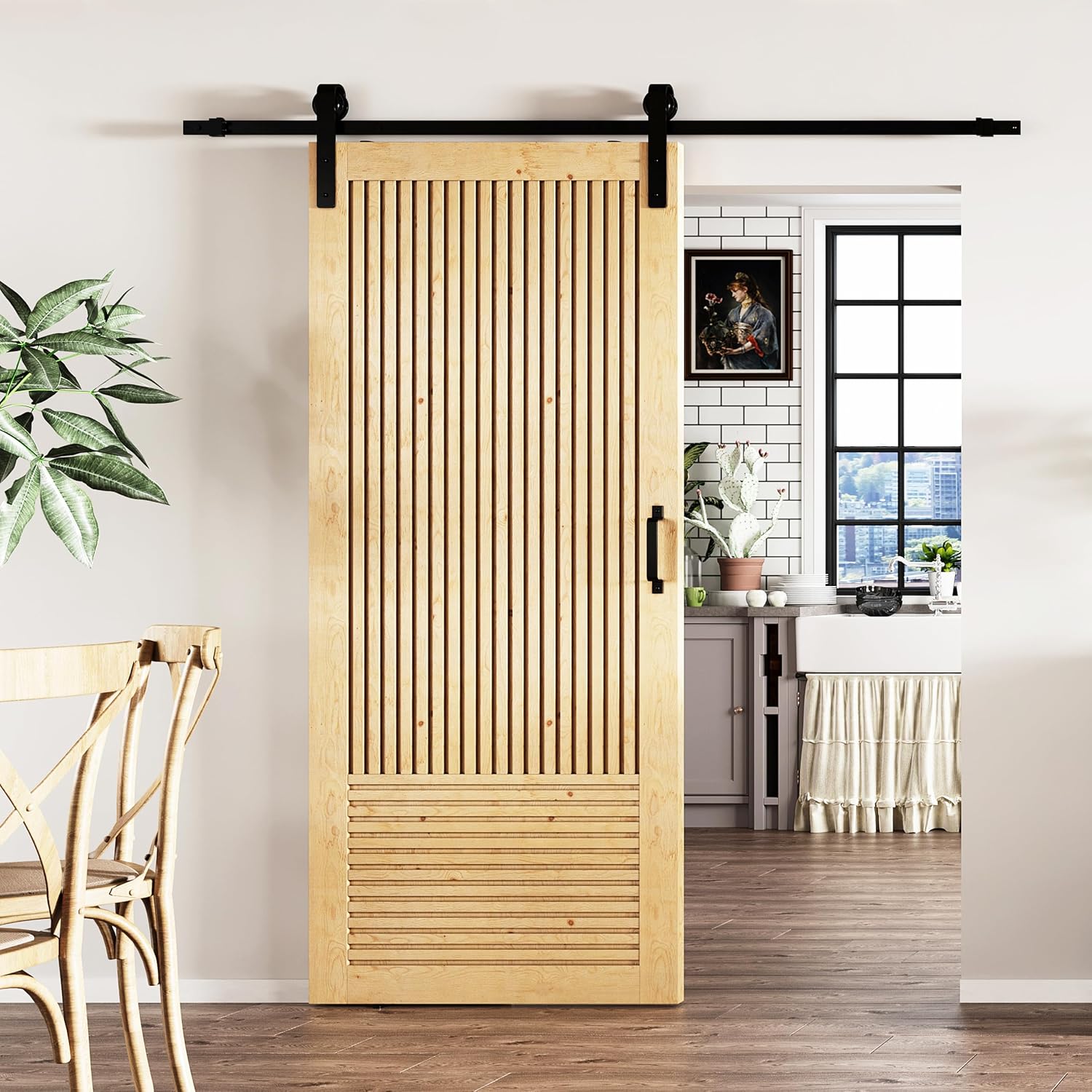 TENONER Pine Wood Vertical & Horizontal Stripes Solid Core Sliding Barn Door with Hardware - Suitable for DIY (Unfinished)