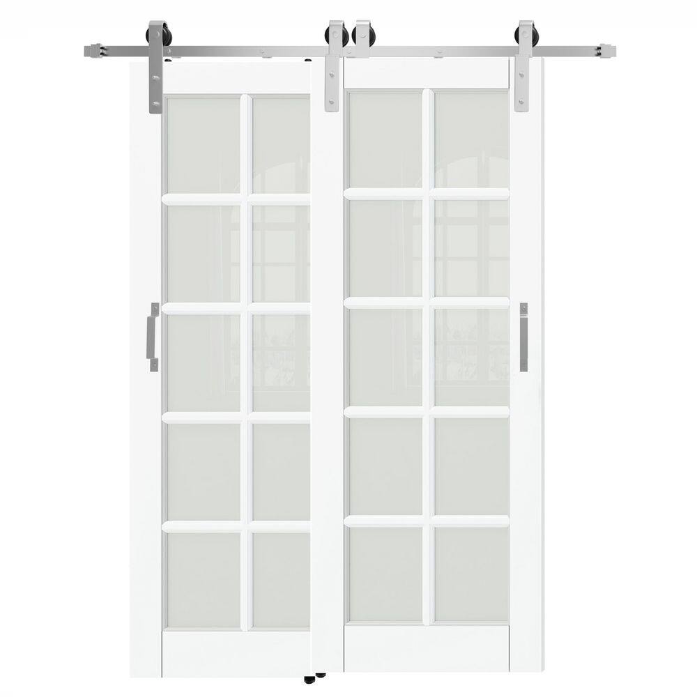 TENONER White 10-Lite Frosted Glass Bypass Barn Door for Bedroom, Living Room,Laundry