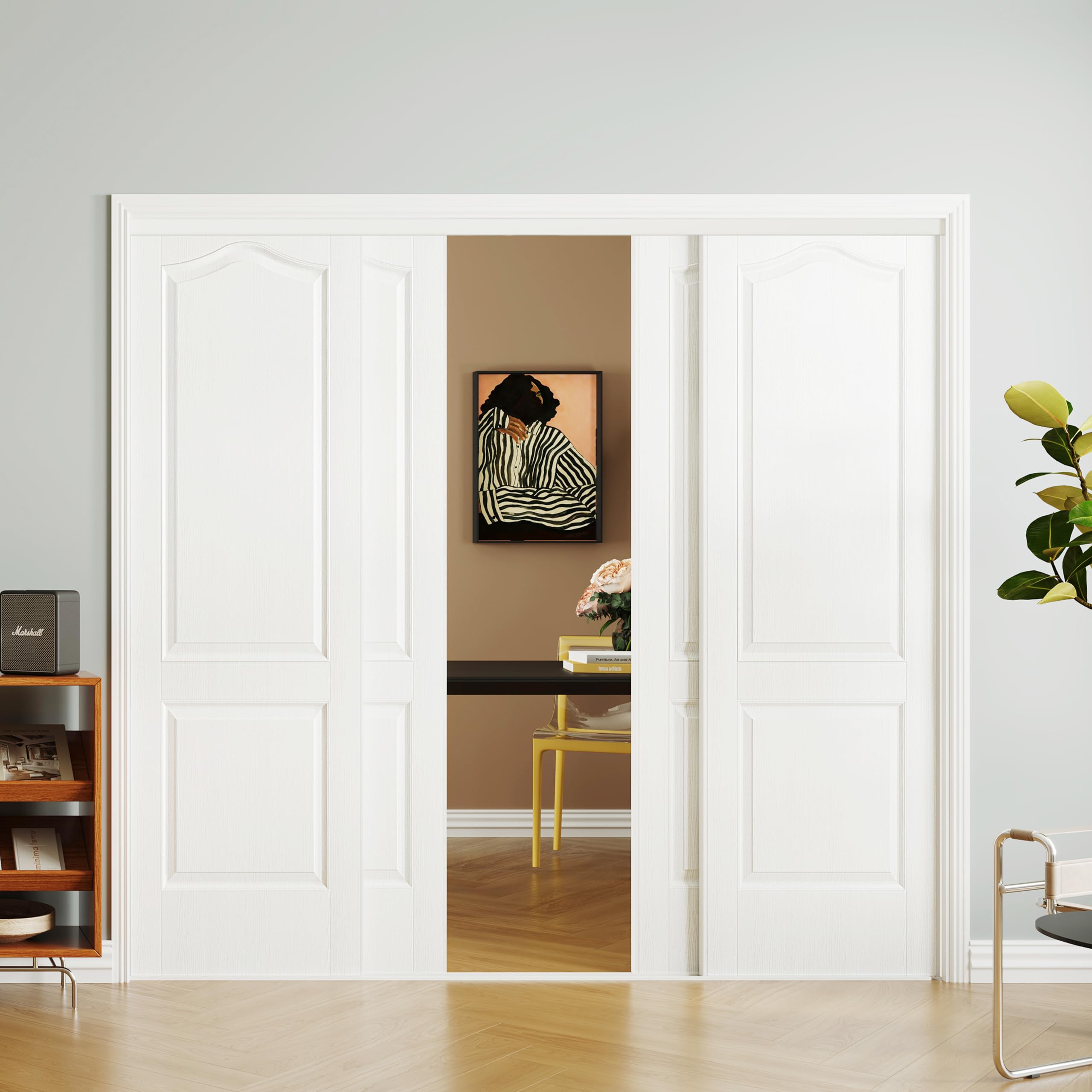 TENONER White 2-Panel Ultra-Thin Core Sliding Closet Doors with Top and Bottom Track & Complete Hardware Kit