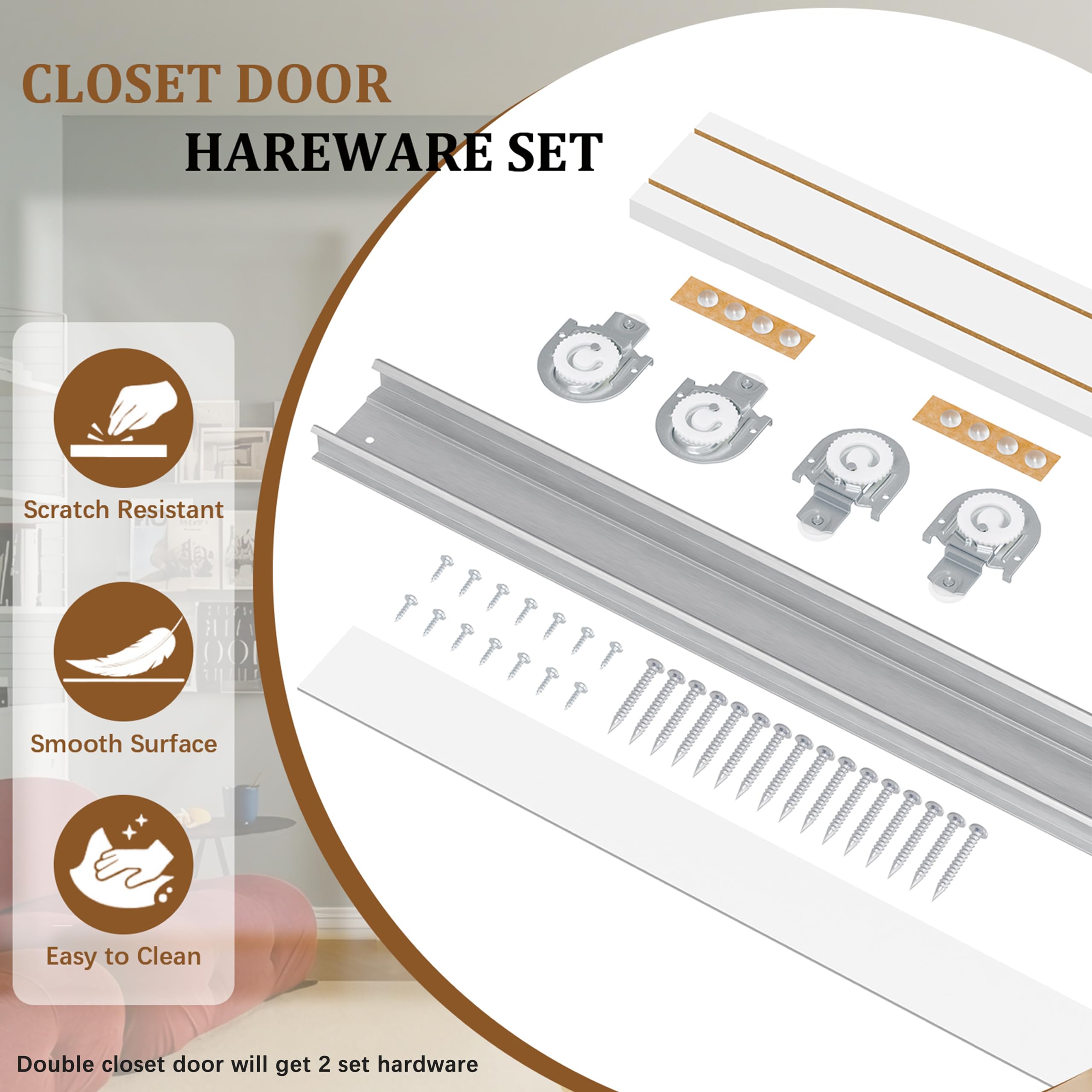TENONER White 2-Panel Ultra-Thin Core Sliding Closet Doors with Top and Bottom Track & Complete Hardware Kit