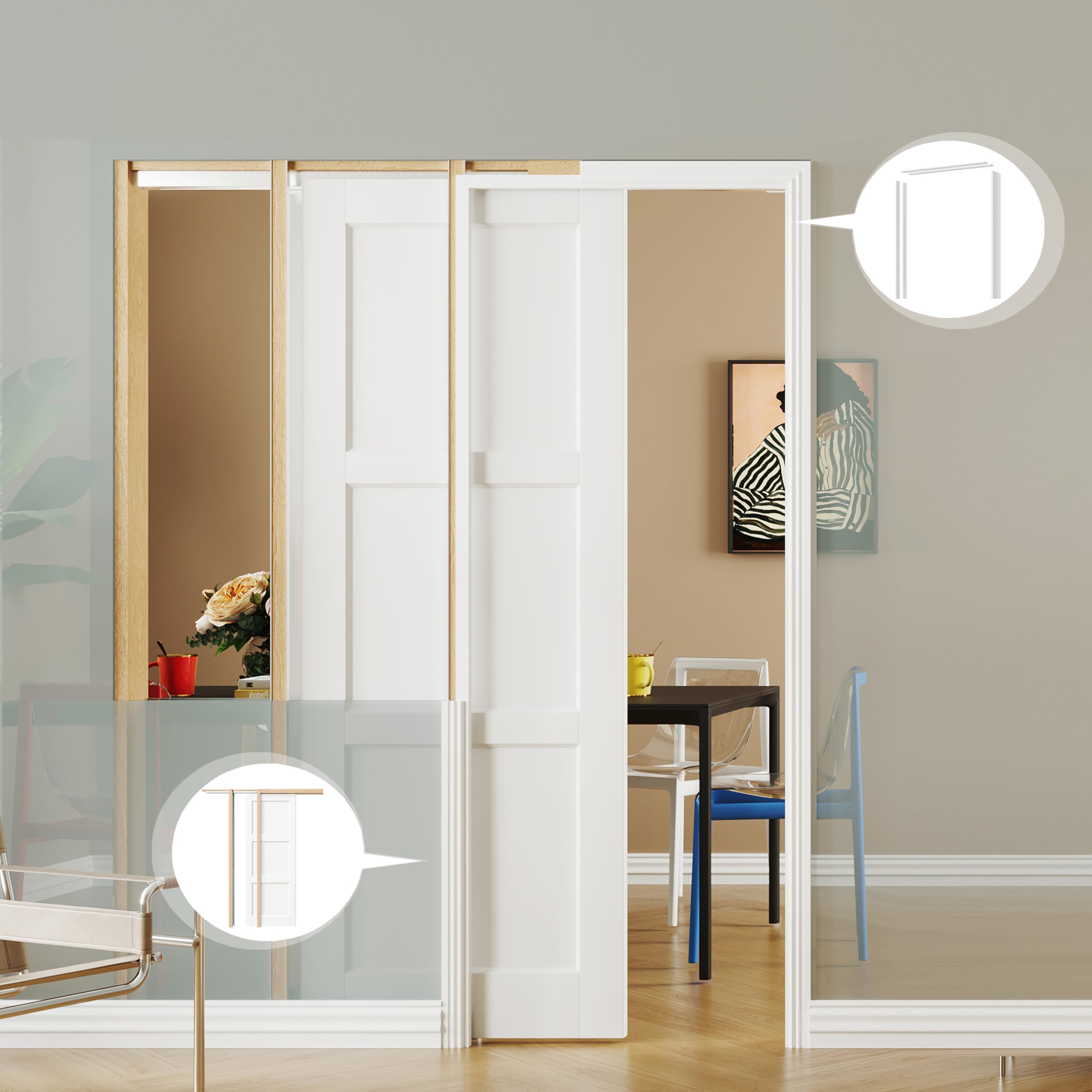 TENONER White MDF 3-Panel Sliding Pocket Door for Bedroom, Closet, Pantry