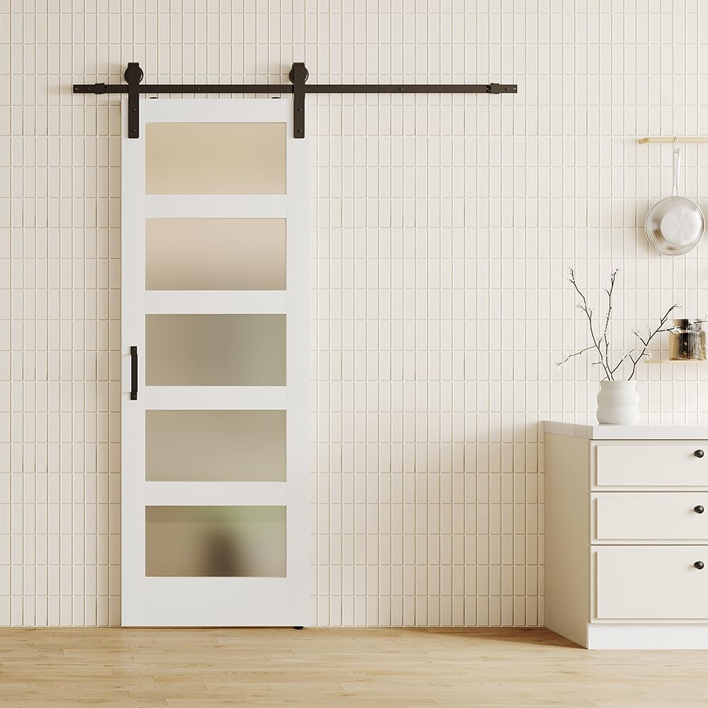 TENONER White 5-Panel Frosted Glass Sliding Barn Door | Solid Wood and MDF Door Panel, Waterproof PVC Surface