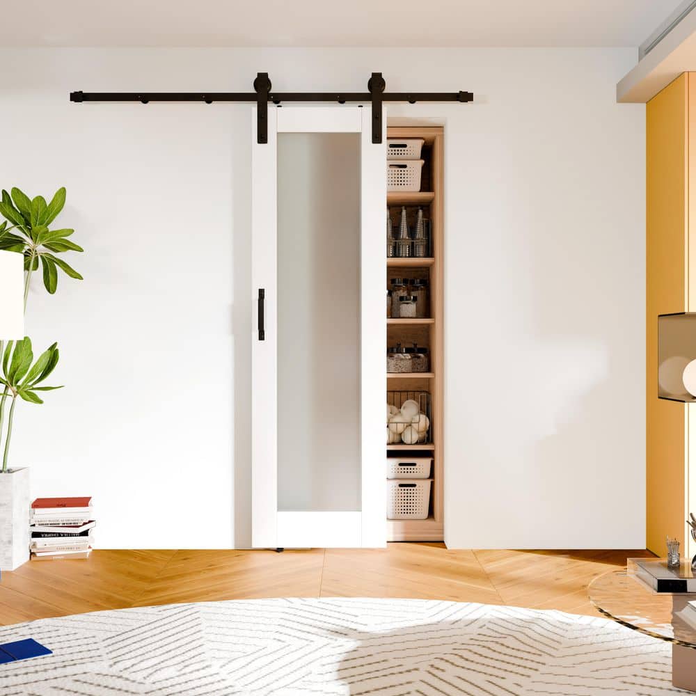 TENONER White Border 1-Lite Frosted Glass Sliding Barn Door with Hardware