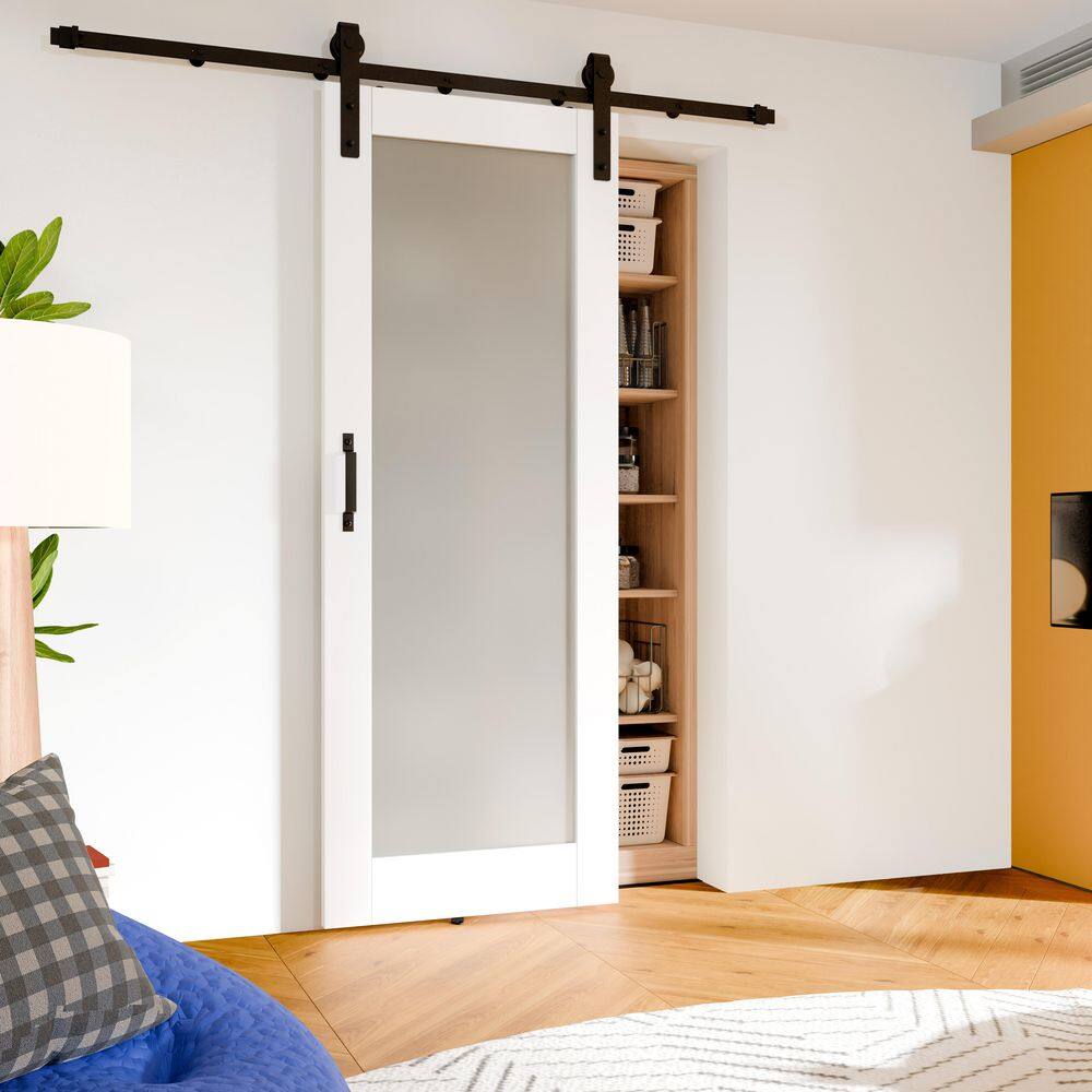 TENONER White Border 1-Lite Frosted Glass Sliding Barn Door with Hardware