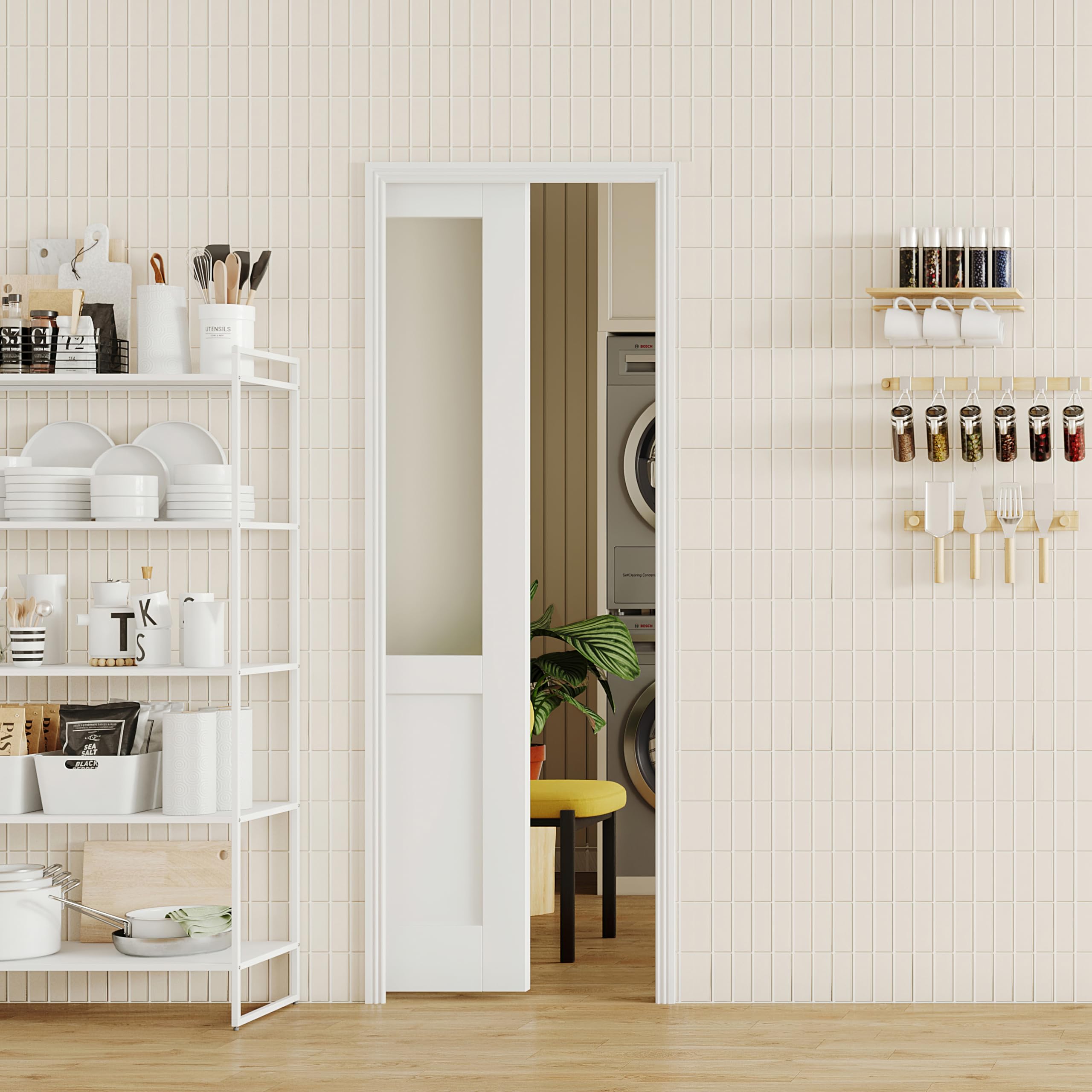 TENONER White Half Frosted Glass Half MDF Sliding Pocket Door with Hardware
