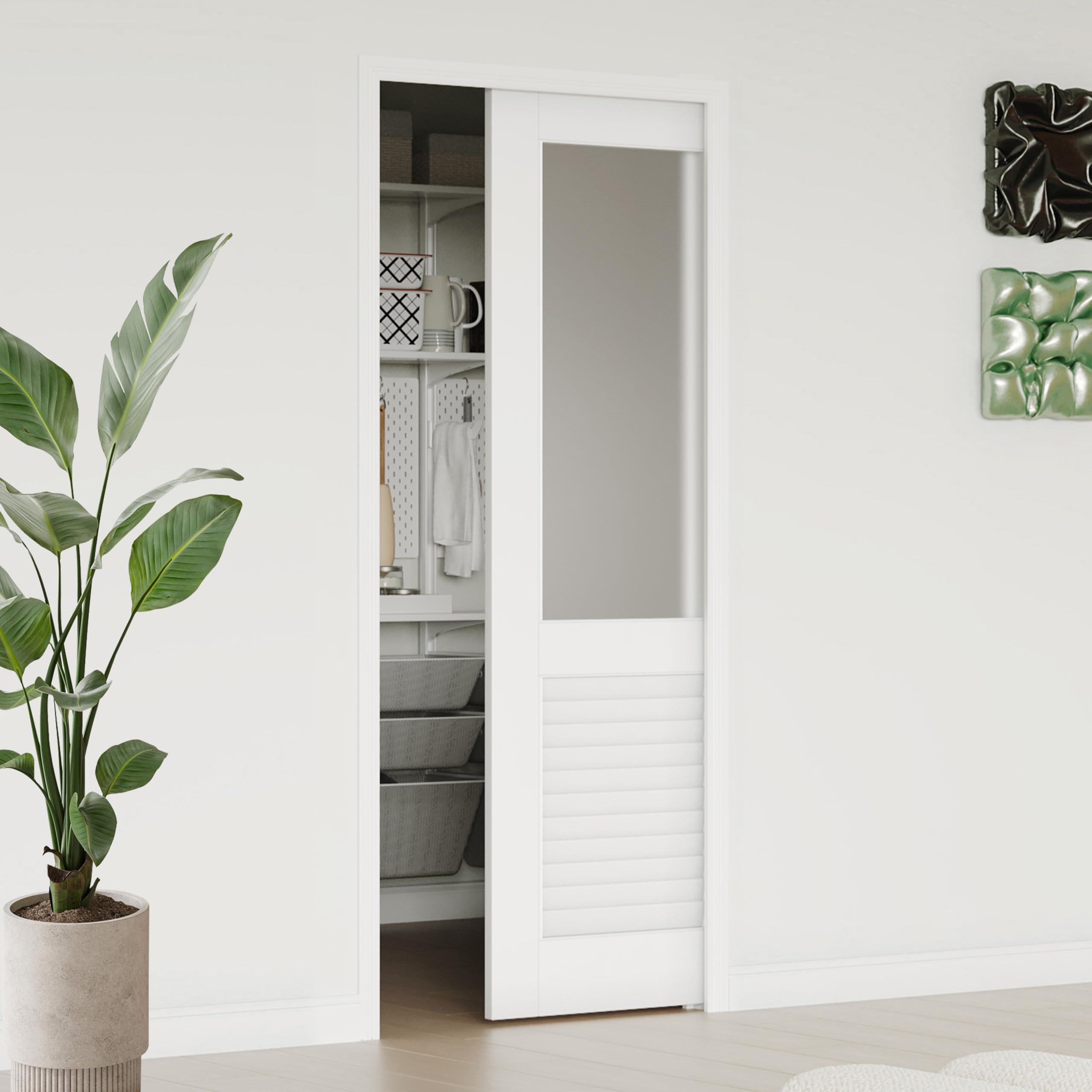 TENONER White Half Lite Frosted Glass and Half Louver Sliding Pocket Door with Hardware